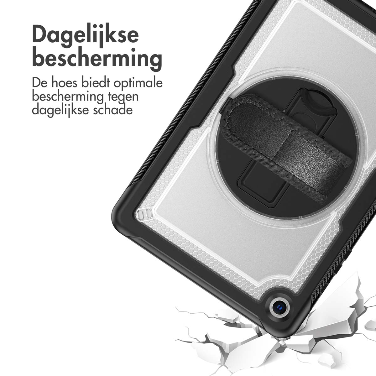 A black tablet case with a hand strap, on a cracked surface, with Dutch text: 'Daily protection'. The case is angled.