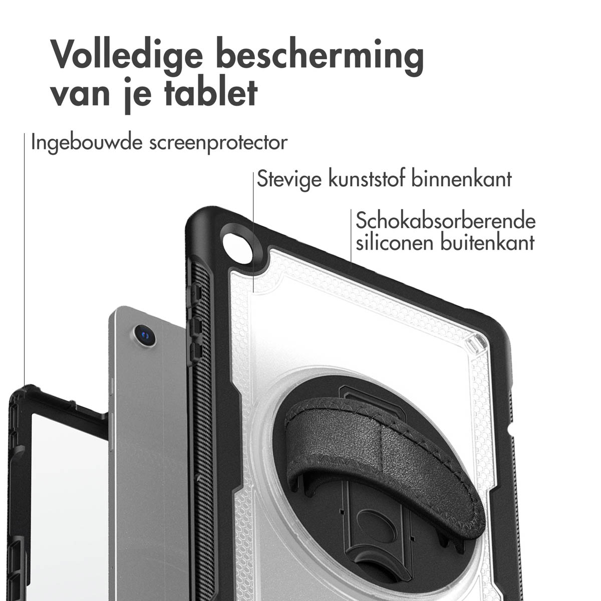Tablet case with screen protector, black frame and clear back. Features a hand strap and labels for protection details.