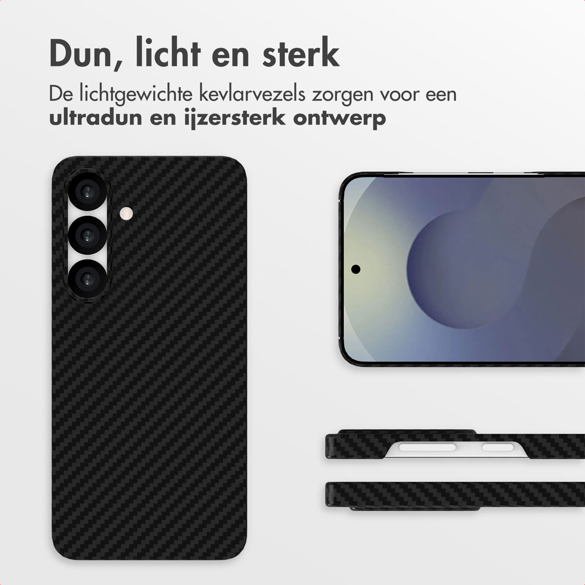 Zwarte telefoonhoes met een koolstofvezelpatroon, een telefoonscherm en tekst in het Nederlands. De tekst zegt: 'dun, licht en sterk'.