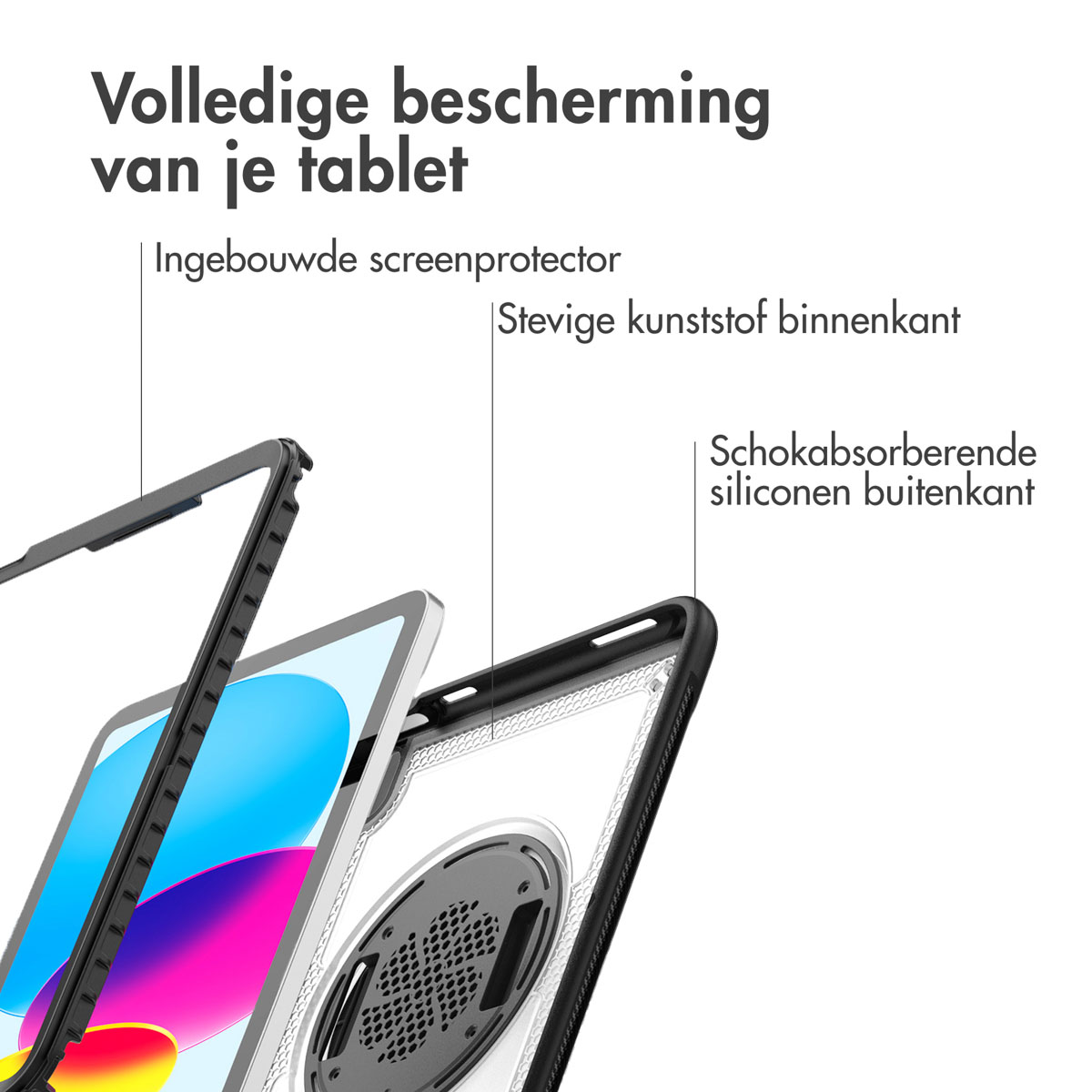 Étui pour tablette avec protecteur d'écran et couche extérieure en silicone absorbant les chocs. Texte en néerlandais: Protection complète de votre tablette.