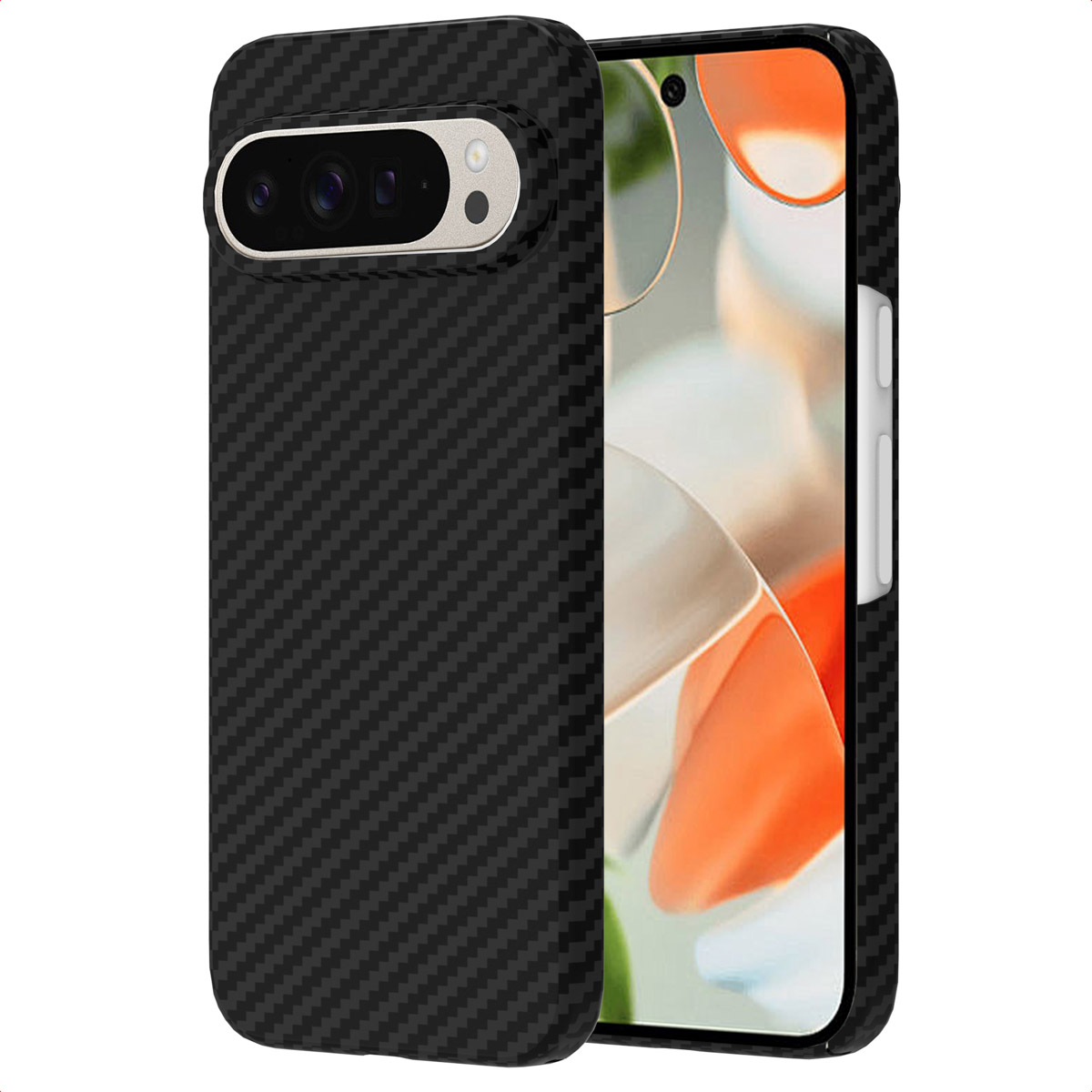 Schwarze Handyhülle mit Kohlefasermuster, die ein Telefon mit sichtbarem Bildschirm und Kamera zeigt. Weißer Knopf.