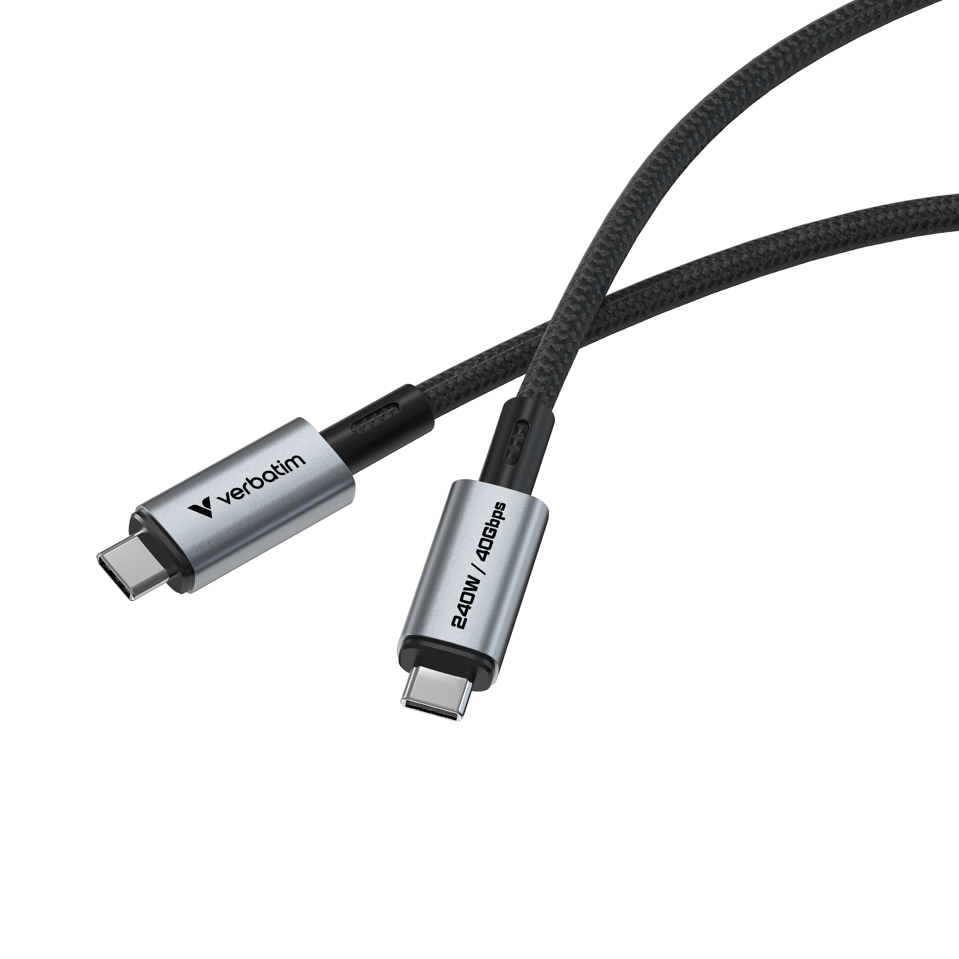 Deux câbles de charge USB-C. Une extrémité porte le logo Verbatim, l'autre le texte 240W/40Gbps. Les deux ont des câbles tressés noirs.