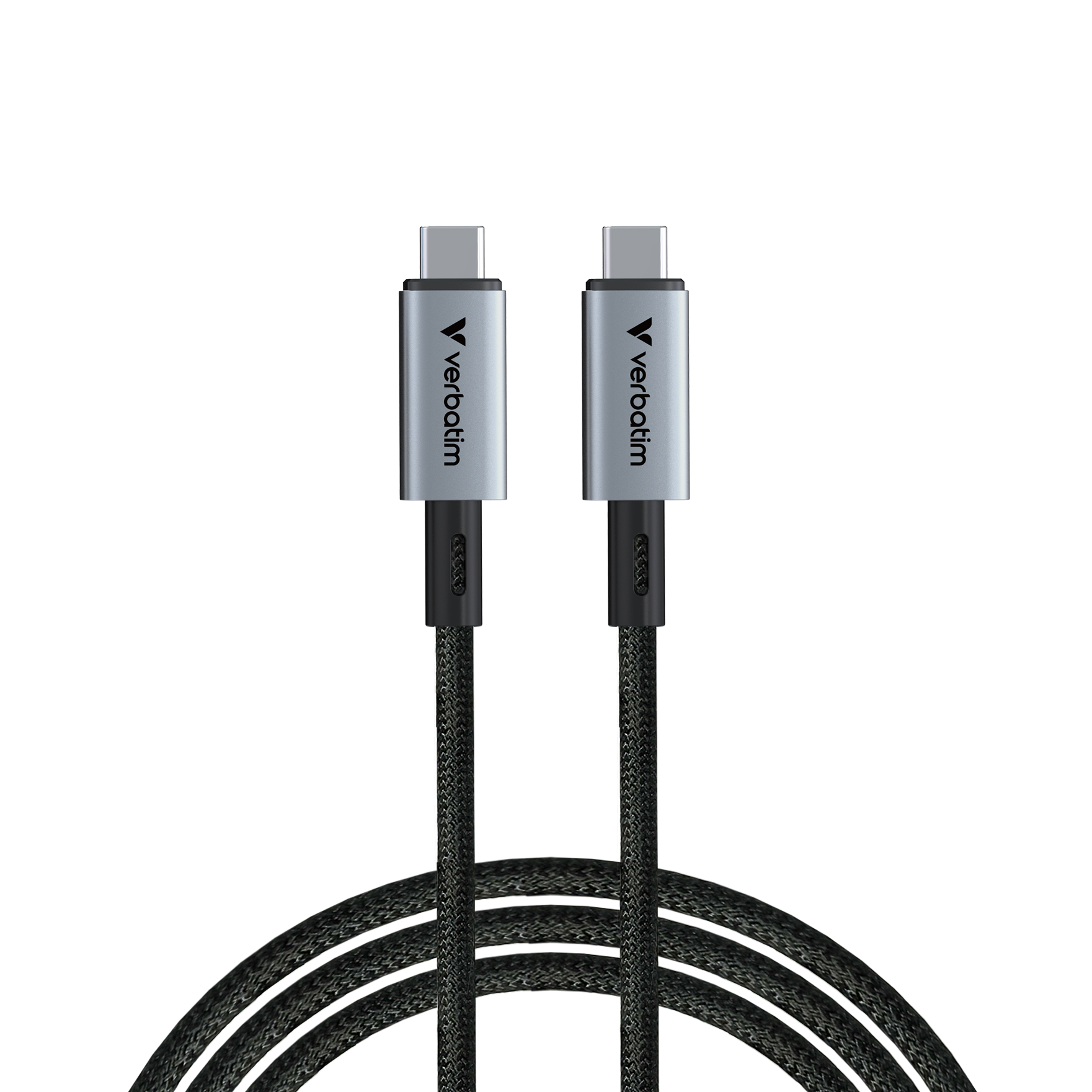Deux câbles USB-C Verbatim sur fond blanc. Les connecteurs argentés portent le logo Verbatim. Les câbles sont noirs.