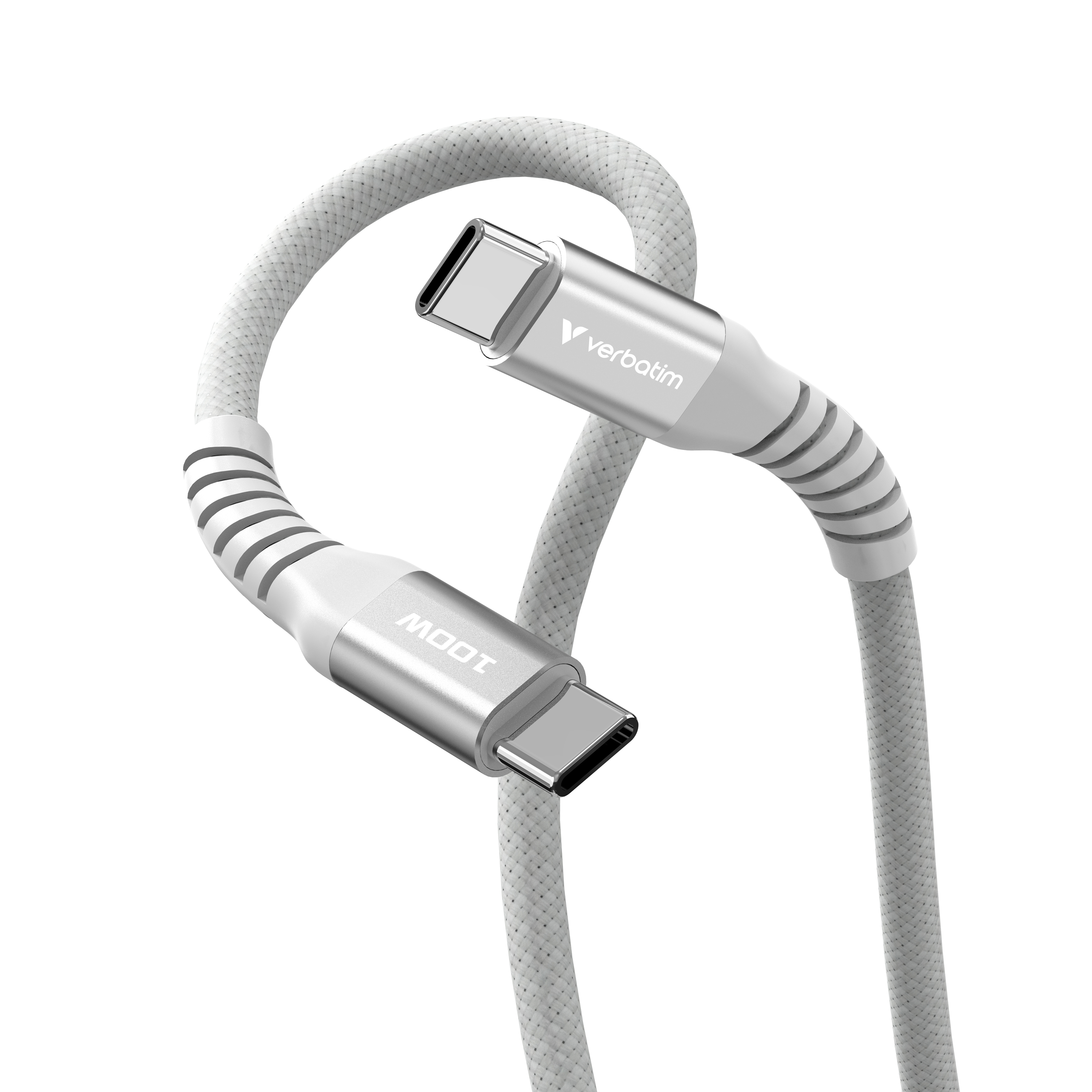 Een witte USB-C-kabel met zilveren connectoren. De kabel is gebogen, met de logo's van Verbatim en MOOT.