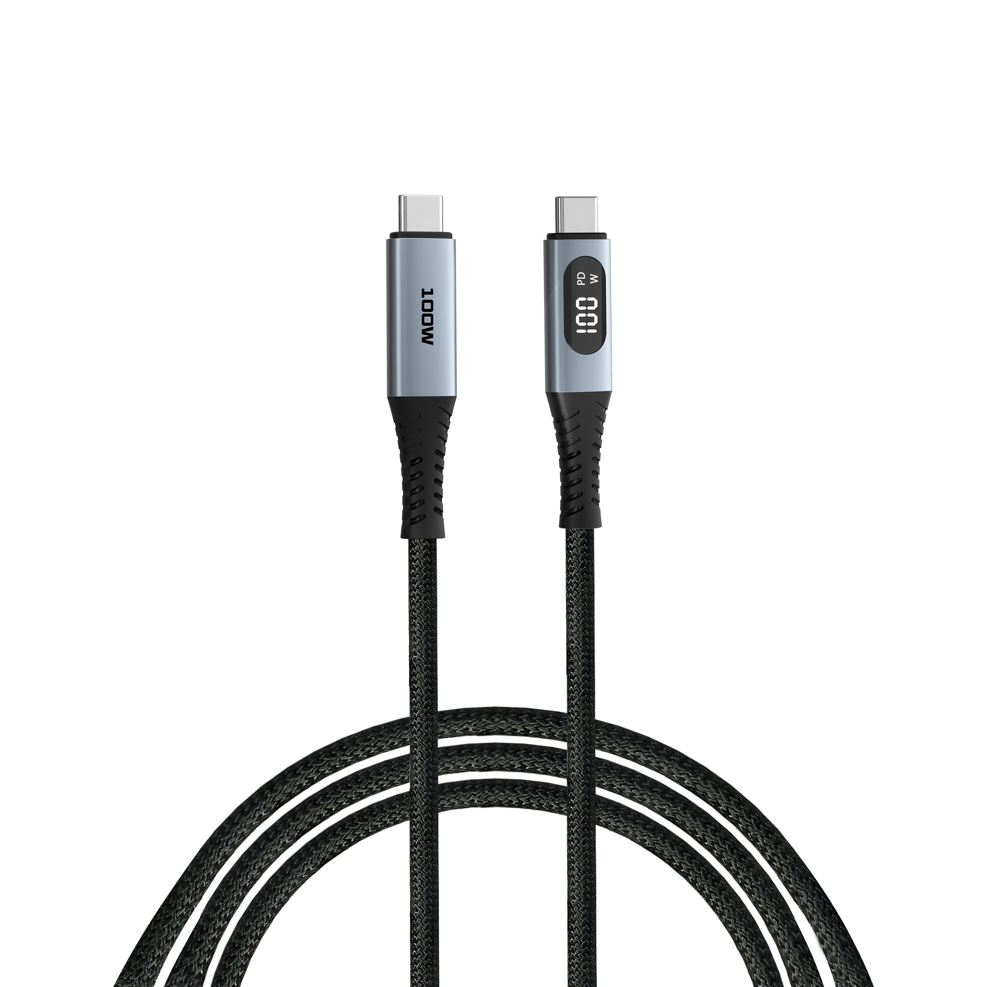Een USB-C oplaadkabel met een display van 100W. De kabel is zwart, met zilveren connectoren en een witte achtergrond.