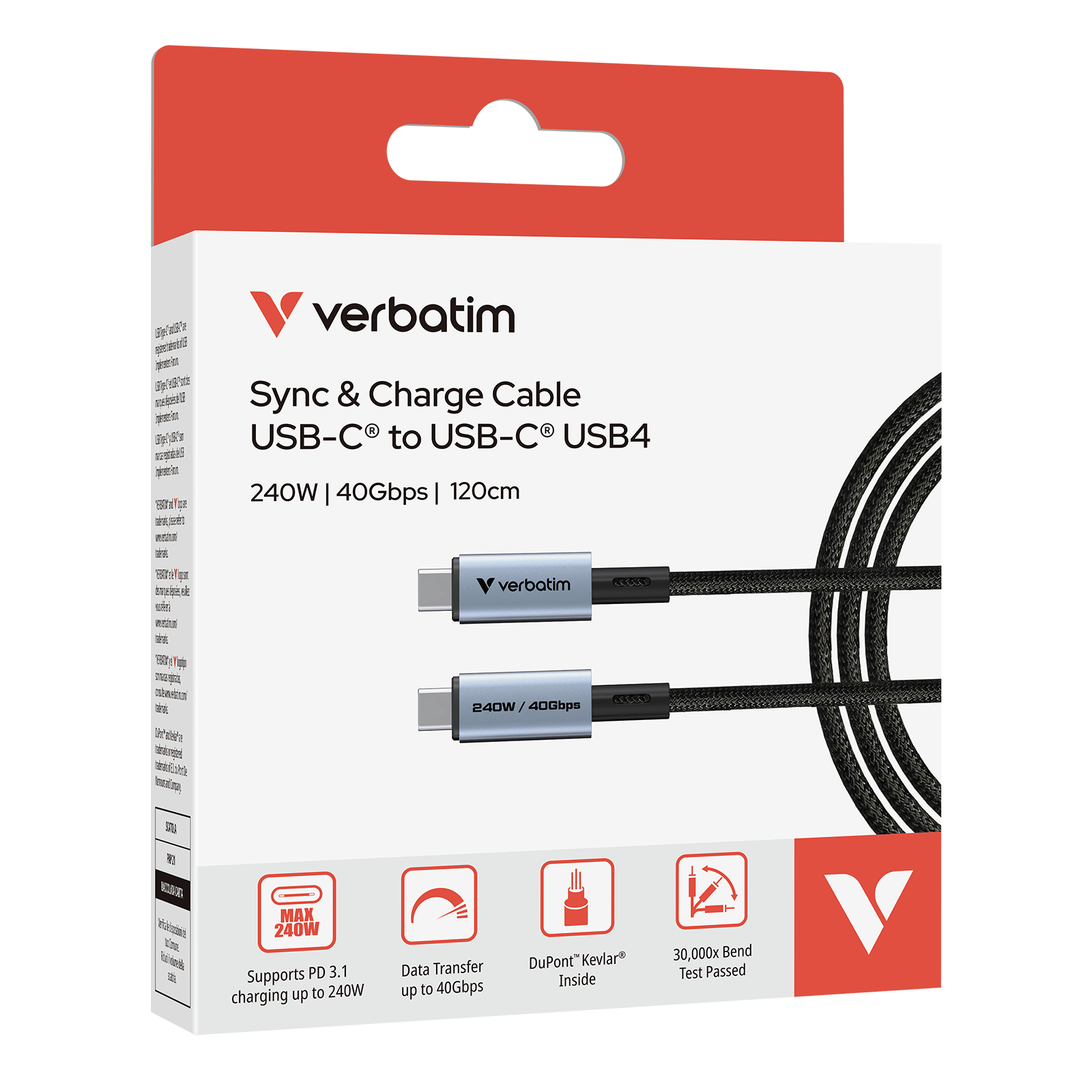 Une boîte Verbatim montre un câble USB-C vers USB-C. Texte : Sync & Charge Cable. Caractéristiques : 240W, 40 Gbit/s et Kevlar.