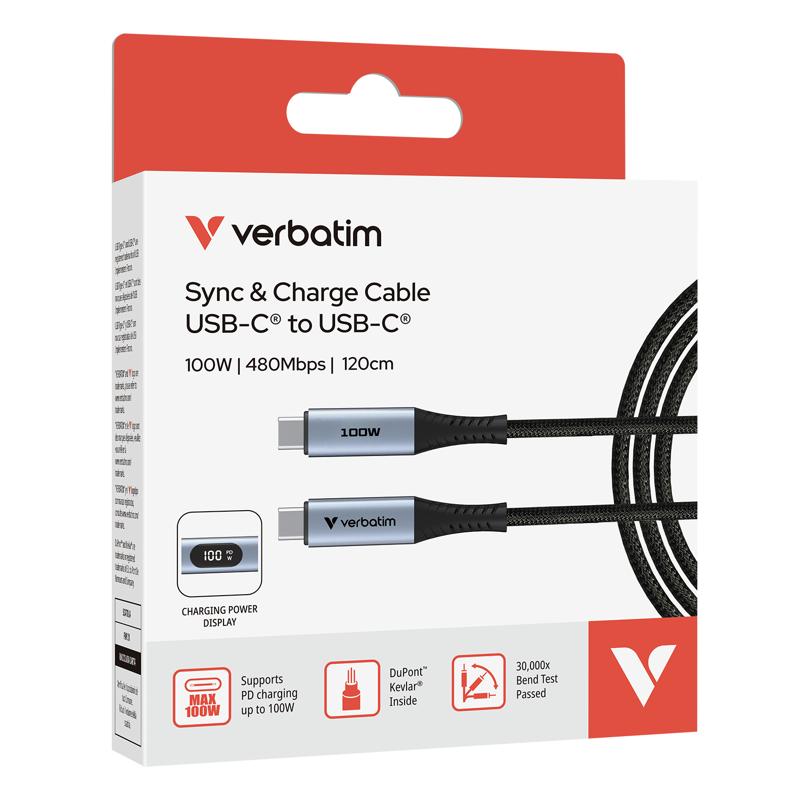 De doos toont een Verbatim USB-C-kabel, zwarte kabel, blauwe connectoren en rode en witte branding. De doos zegt 100W, 480Mbps en 120cm.