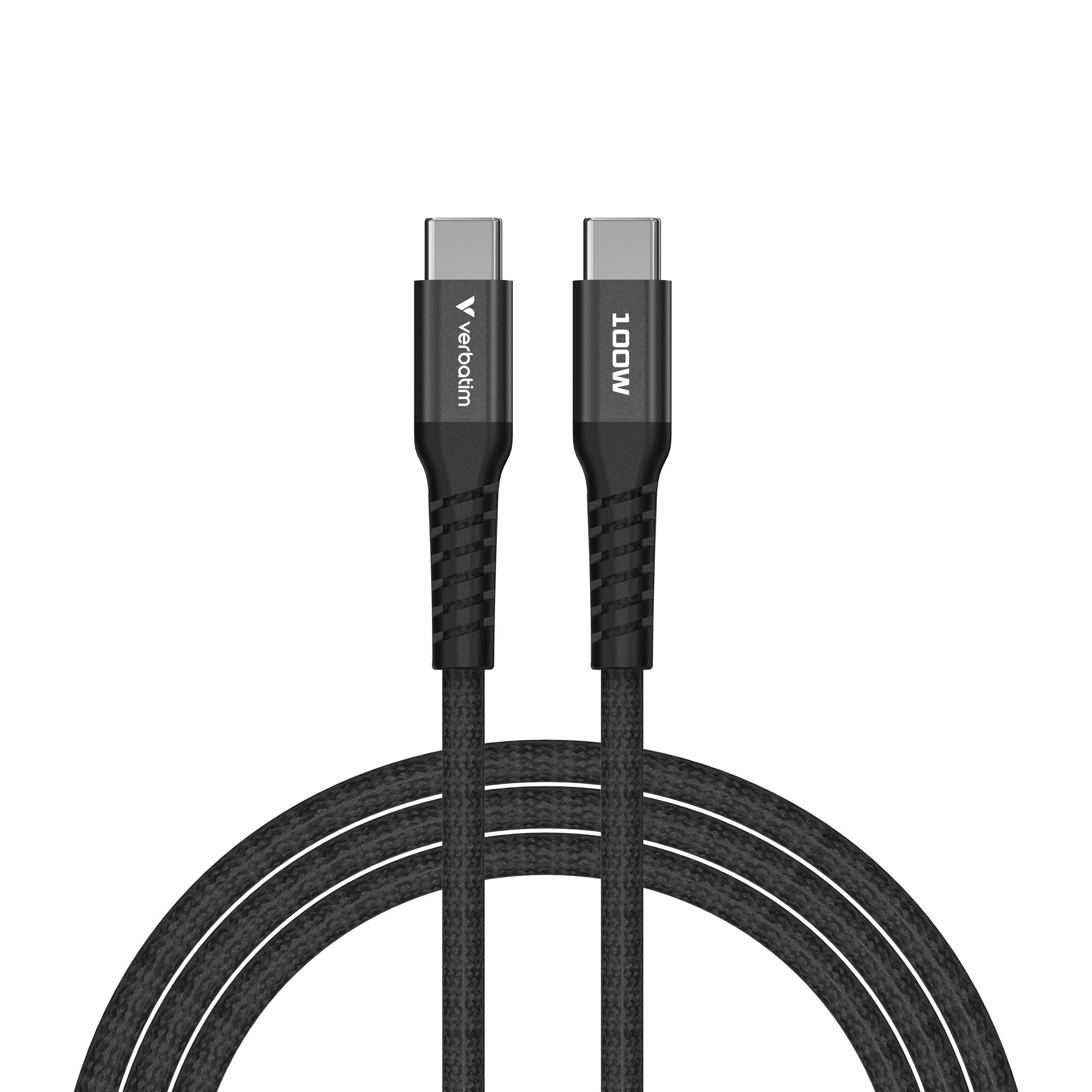 Een zwarte Verbatim USB-C-kabel op een witte achtergrond. Eén uiteinde heeft het Verbatim-logo en de andere leest 100W.