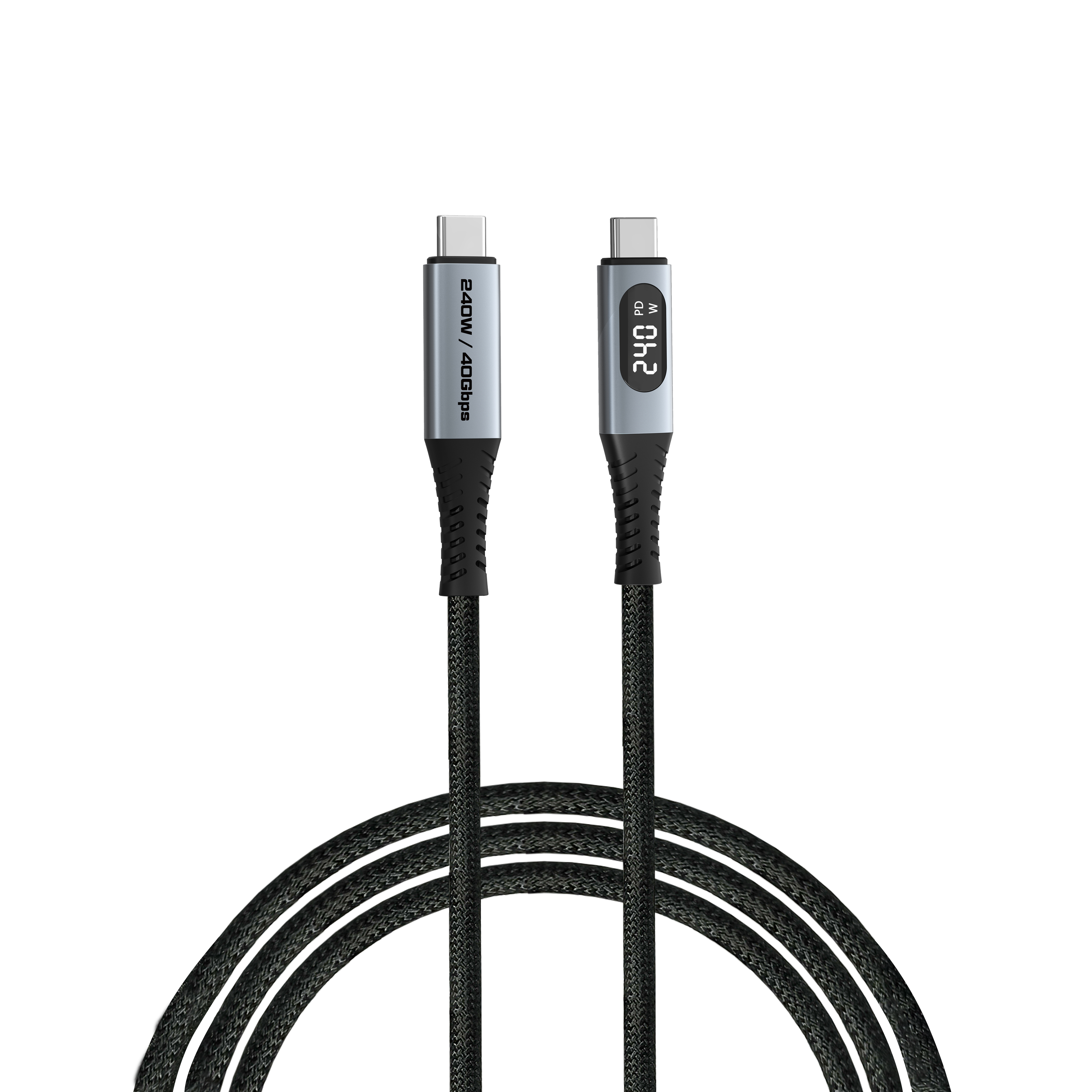 Deux câbles USB-C sur fond blanc. L'un affiche 240W/40Gbit/s, l'autre 240W. Les deux ont des câbles tressés noirs.