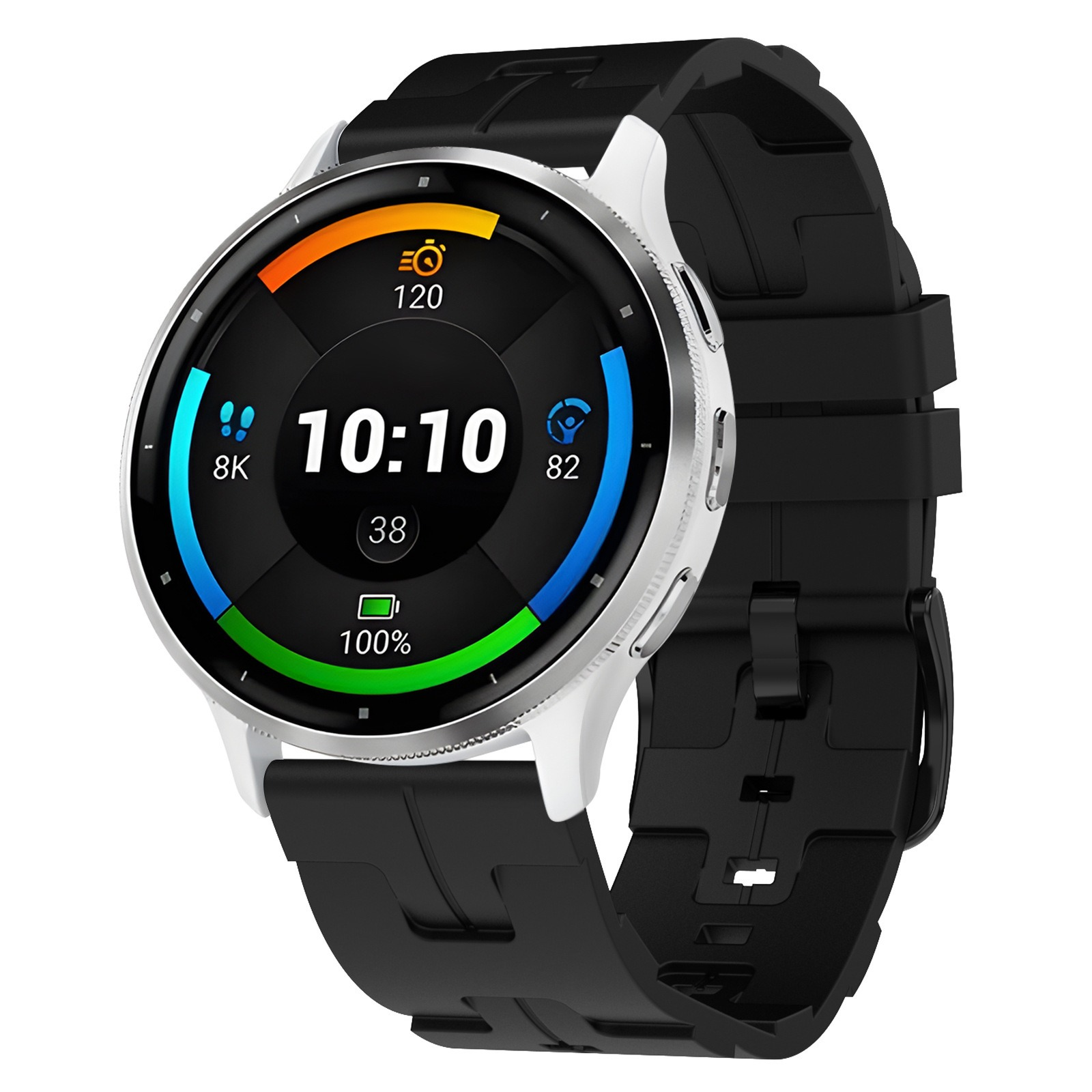 Uno smartwatch con cinturino nero e cassa bianca. Lo schermo mostra dati come ora, passi, frequenza cardiaca e livello batteria.