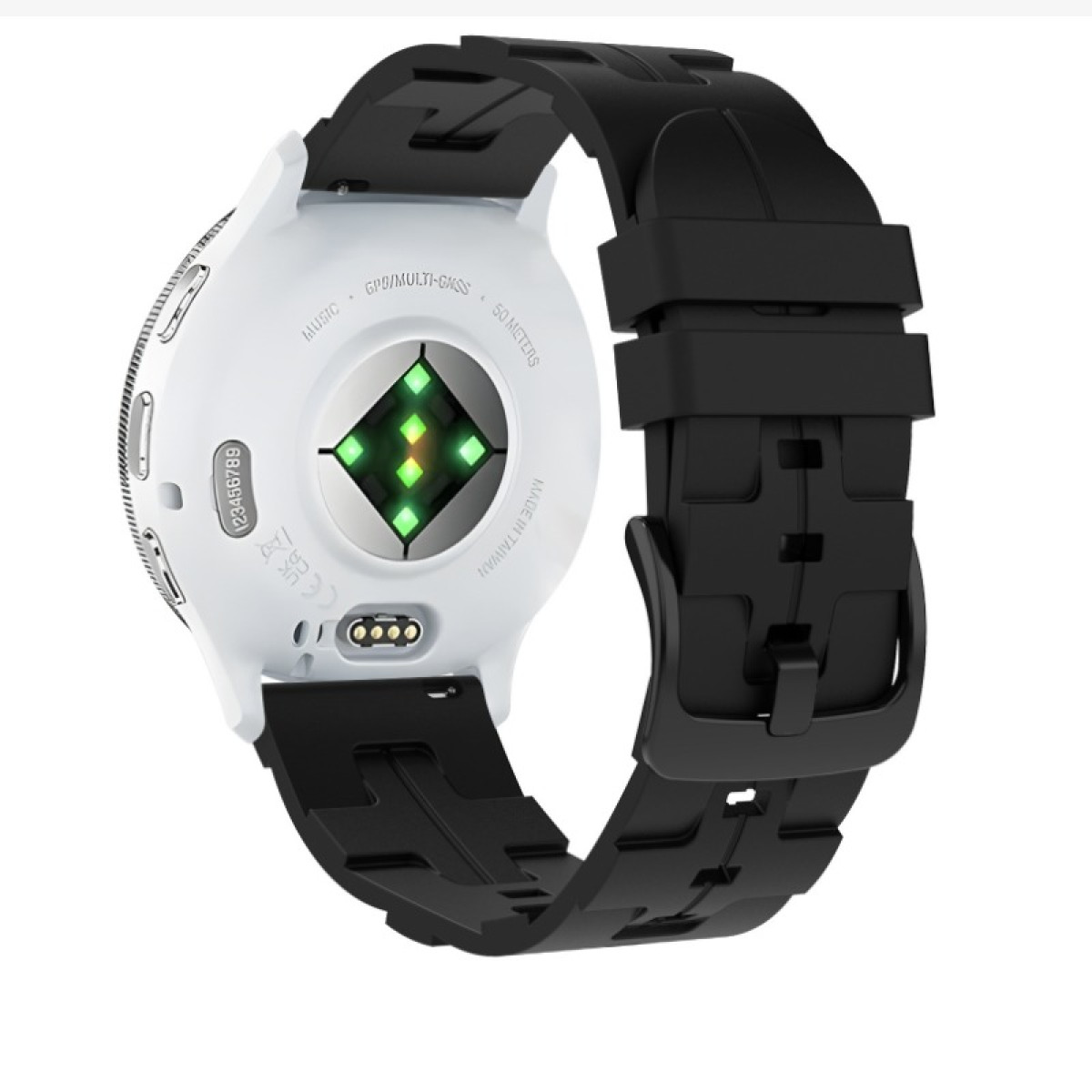 Retro di smartwatch bianco con cinturino nero. Funzioni: sensore di frequenza cardiaca, GPS e musica. Visibile "Made in Taiwan".