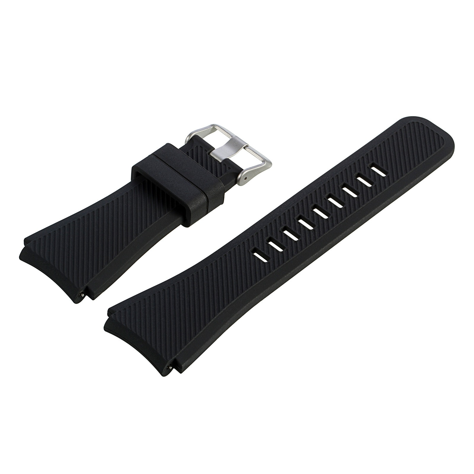 Cinturino nero in due pezzi con fibbia argentata, su sfondo bianco. Un pezzo ha fessure. Entrambi hanno superfici strutturate.