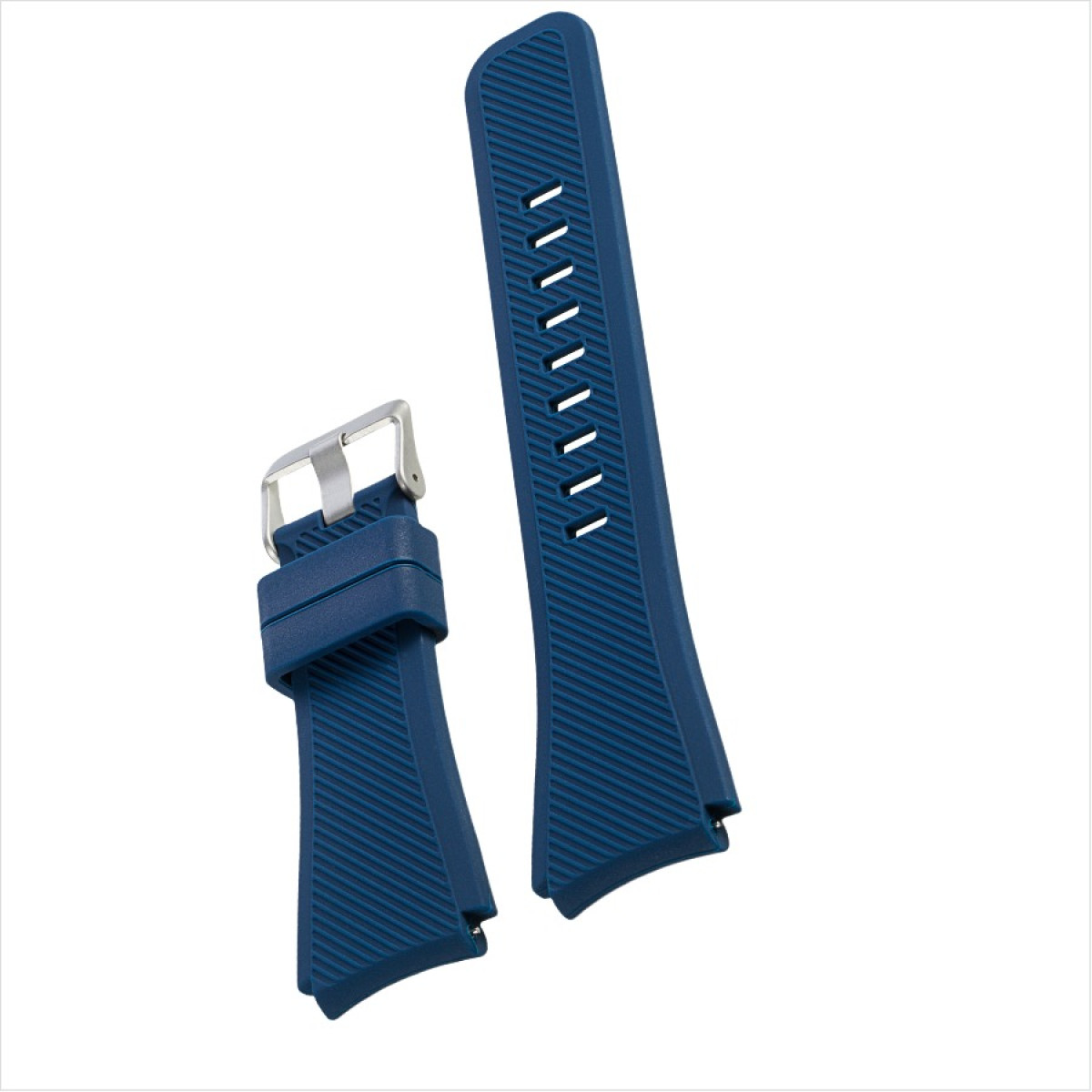 Zwei blaue Uhrenarmbänder mit silberner Schnalle auf weißem Hintergrund. Eines ist länger mit Löchern, das andere hat eine Schnalle.