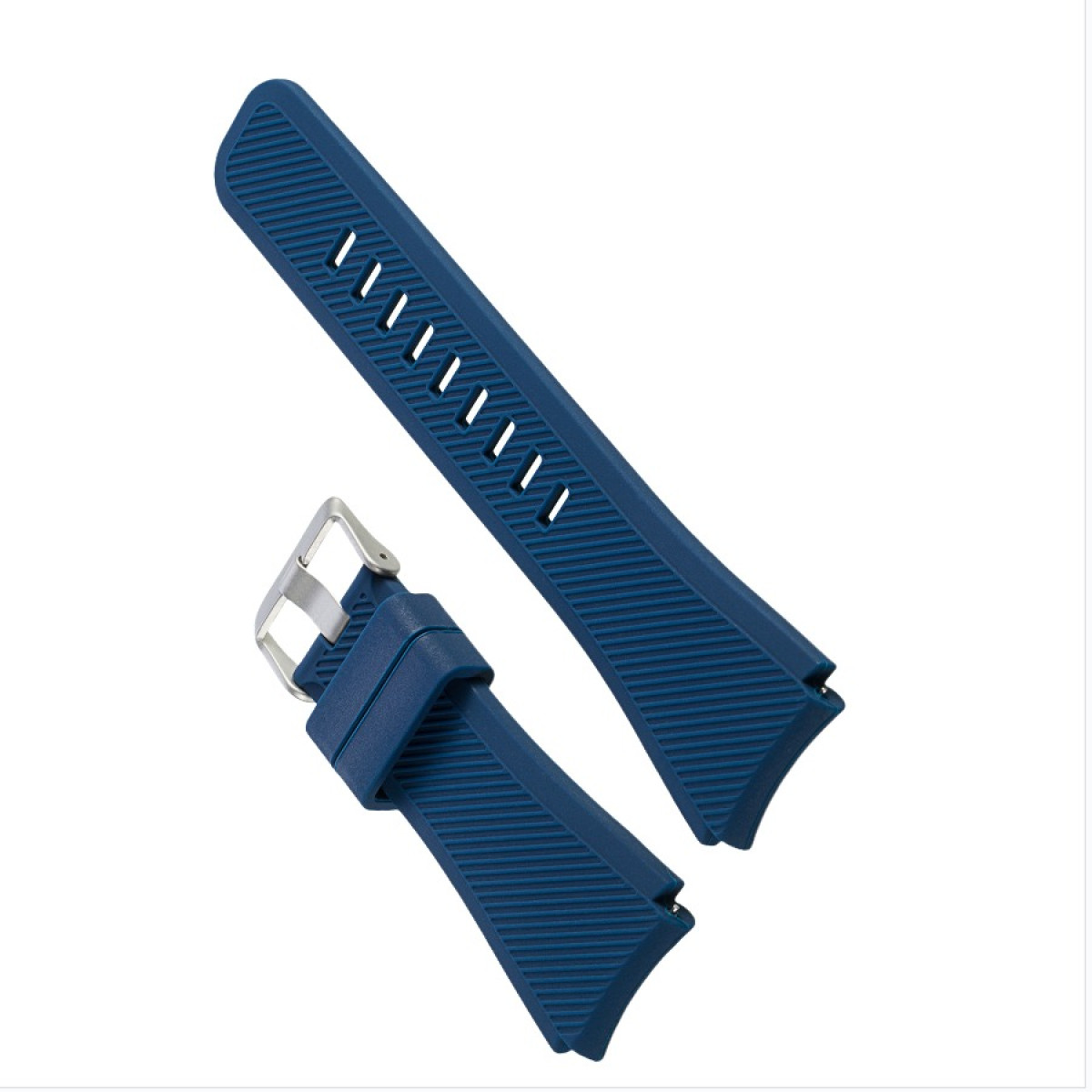 Zwei blaue Uhrenarmbänder mit einer silbernen Schnalle auf weißem Hintergrund. Ein Band hat Löcher entlang der Seite.