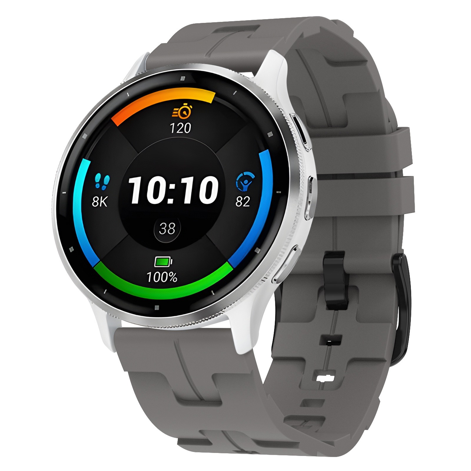 Uno smartwatch con cinturino grigio. Il quadrante mostra l'ora, 10:10, e le metriche di salute su un display circolare.