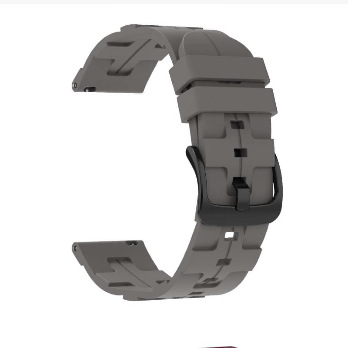 Un cinturino grigio con fibbia nera su sfondo bianco. Il cinturino ha un design strutturato.