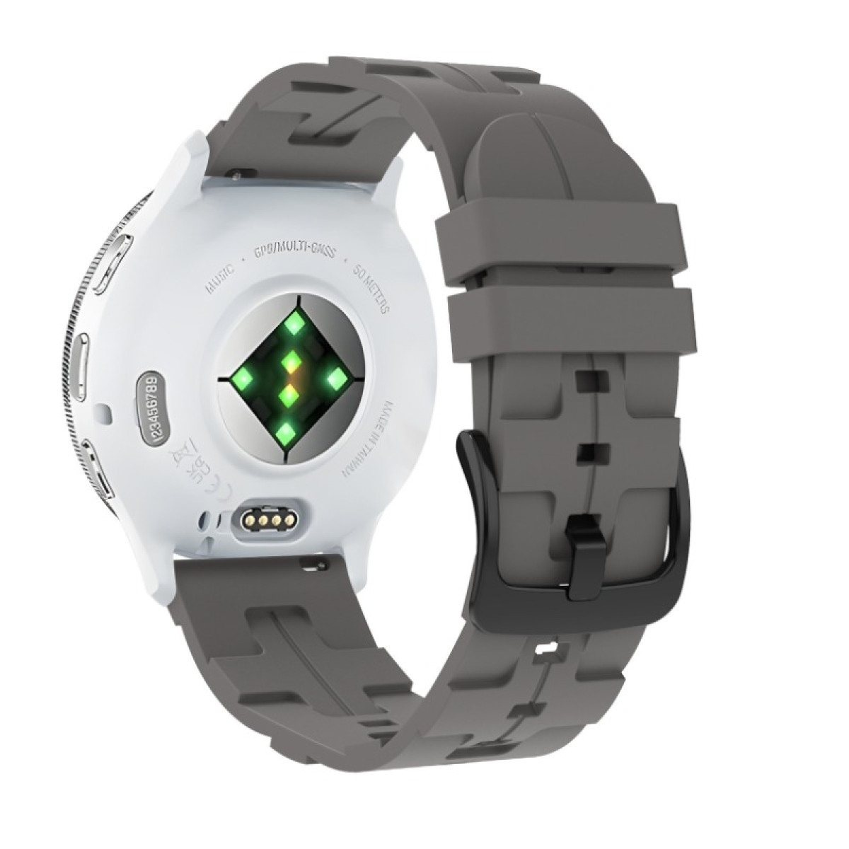 Uno smartwatch grigio con retro bianco. Ha un cinturino grigio e una fibbia nera. Il retro ha sensori.