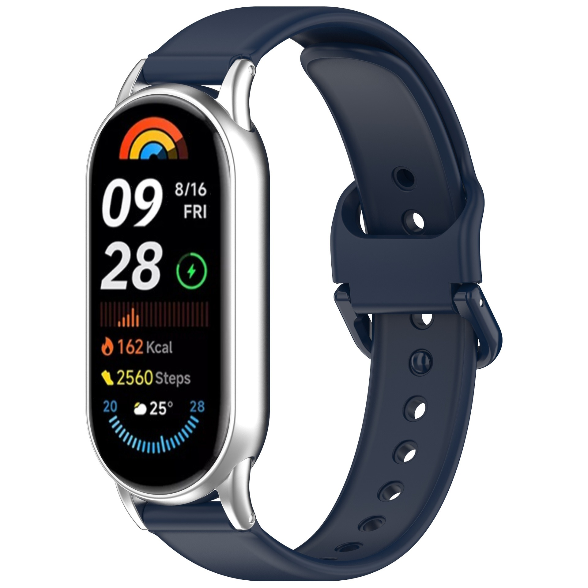 Uno smartwatch argentato con cinturino blu navy visualizza ora, data, passi e calorie. Lo sfondo è bianco.