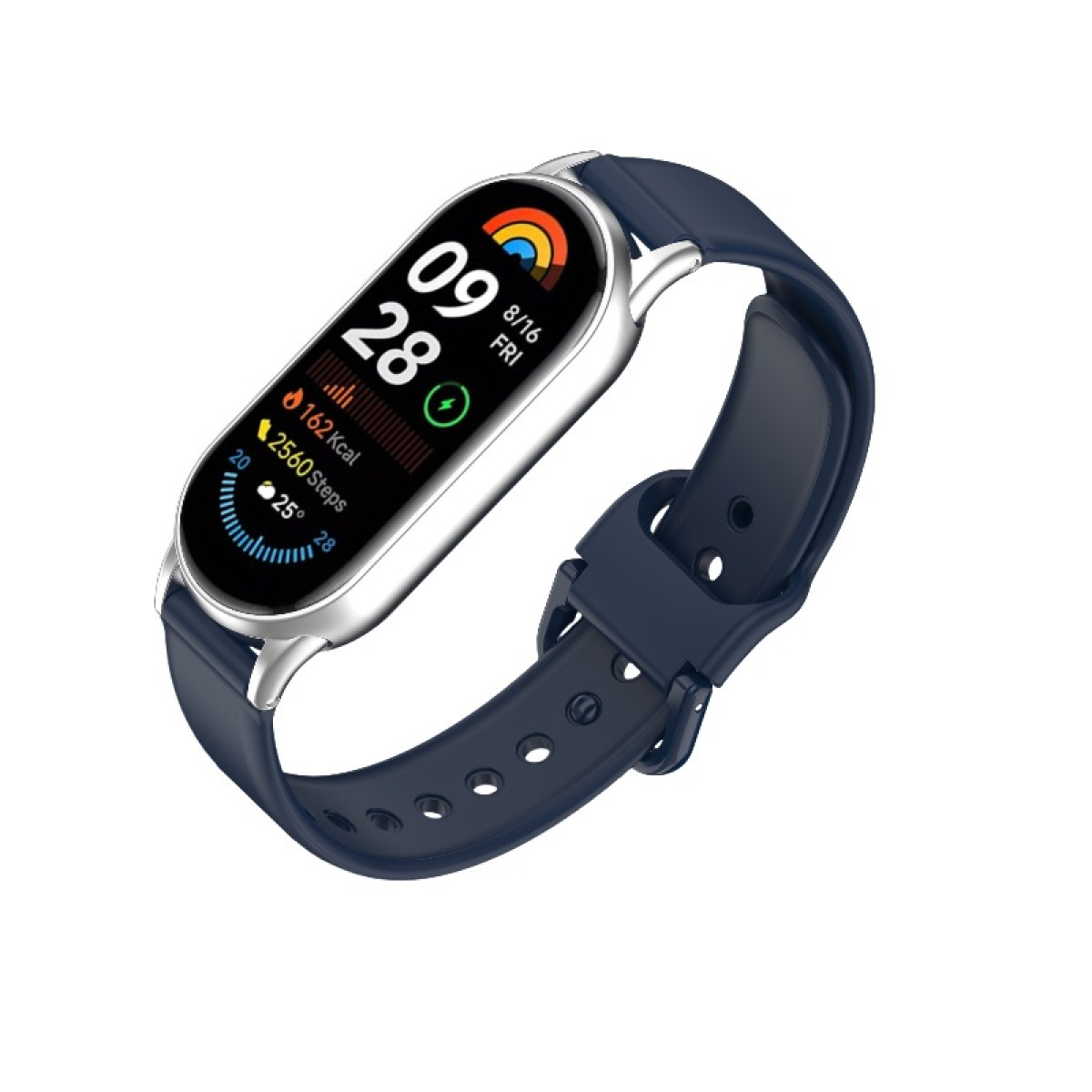 Uno smartwatch con cinturino blu. Lo schermo mostra ora, data, passi e calorie. L'orologio è argentato e il cinturino blu scuro.