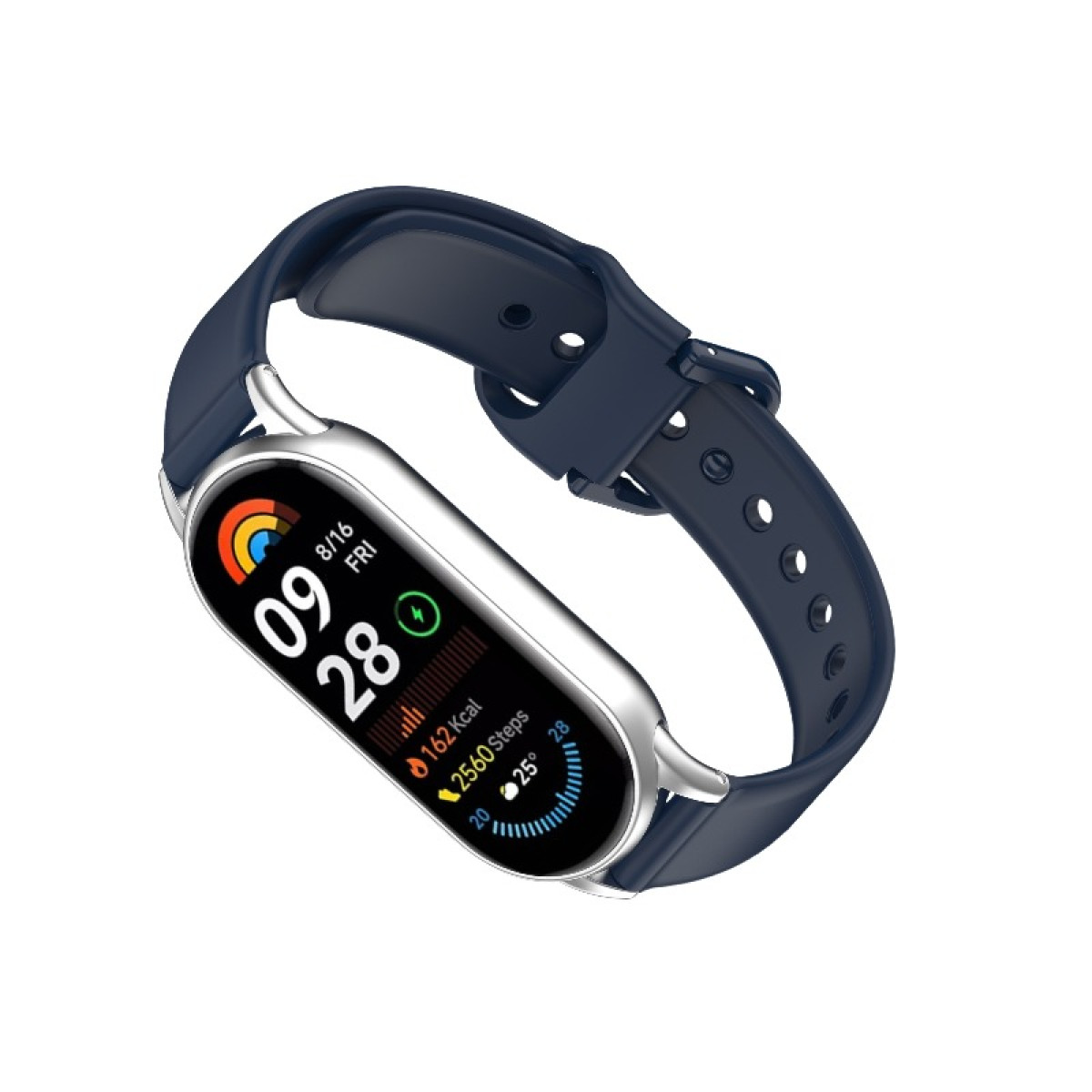 Uno smartwatch con cinturino blu e cassa argentata. Lo schermo mostra ora, data, passi e altri dati di fitness.