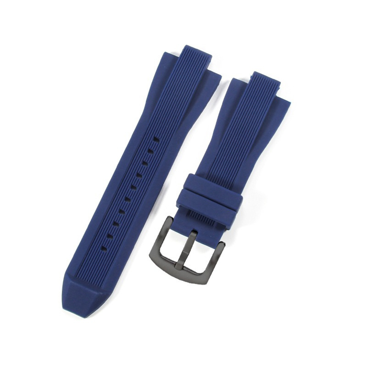 Due cinturini blu navy su sfondo bianco. Uno ha una fibbia nera. Entrambi hanno una trama a coste.