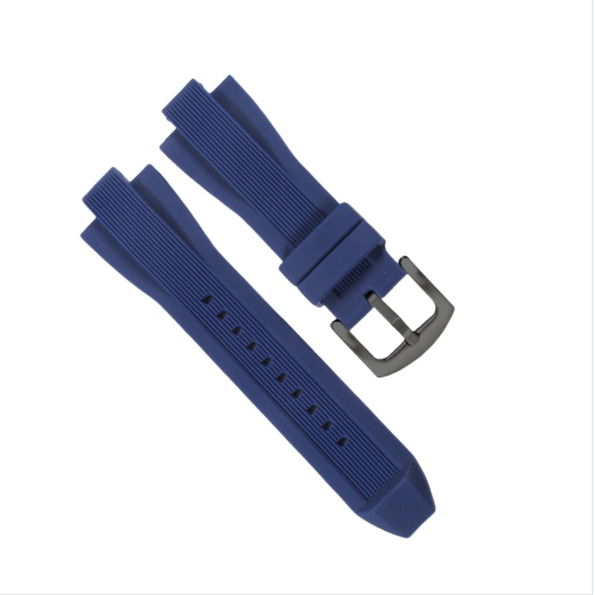 Due cinturini blu scuro con fibbia nera su sfondo bianco. Un cinturino ha fori e scanalature.