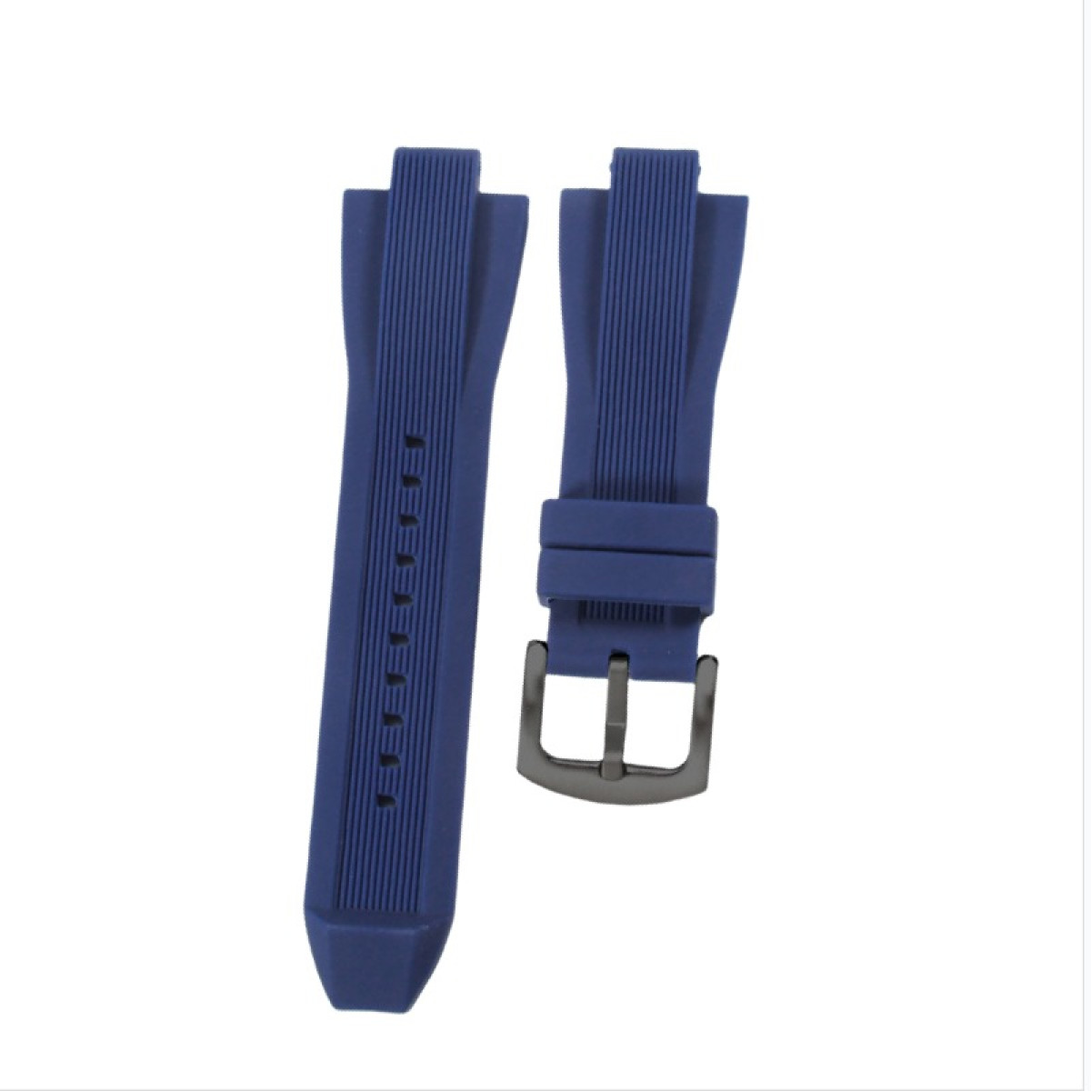 Due cinturini blu scuro staccati. Uno ha fori, l'altro ha una fibbia nera. Entrambi hanno un design strutturato e a coste.