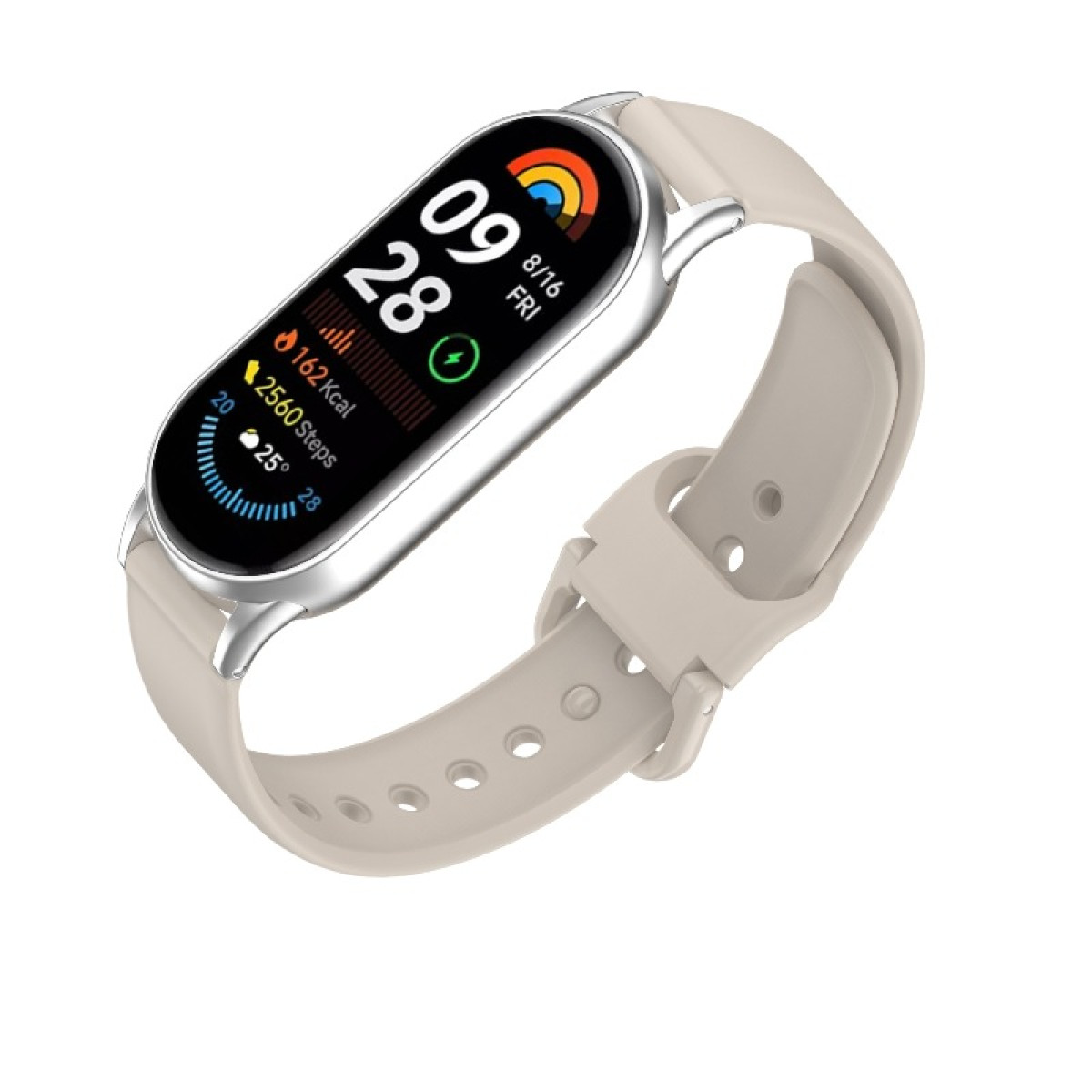Eine beige Smartwatch mit digitaler Anzeige von Uhrzeit, Datum und Gesundheitsdaten. Das Armband ist ebenfalls beige, und die Uhr befindet sich auf weißem Hintergrund.
