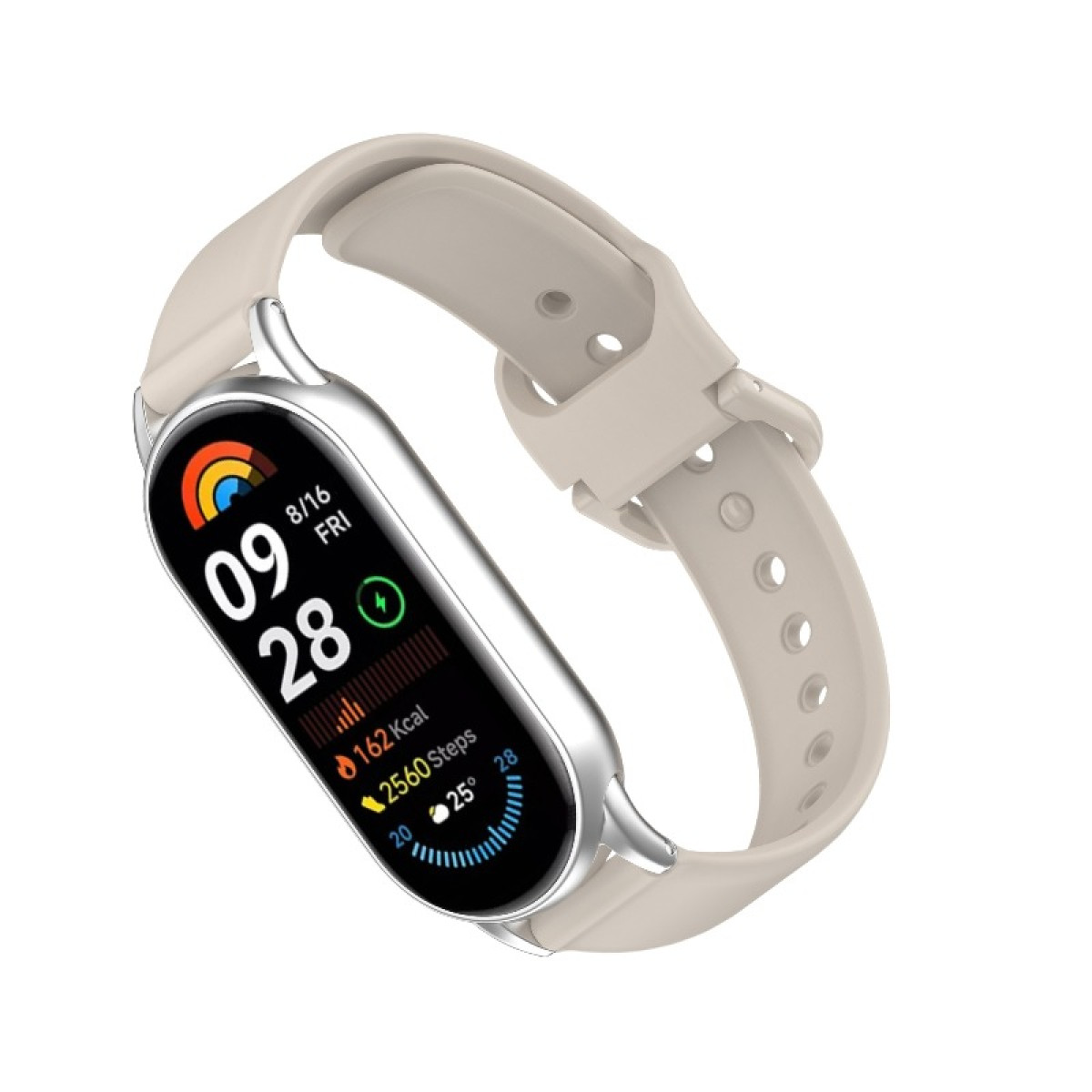 Eine beige Smartwatch mit silbernem Gehäuse. Der Bildschirm zeigt Datum, Uhrzeit und Aktivitätsdaten an. Das Armband ist ebenfalls beige.