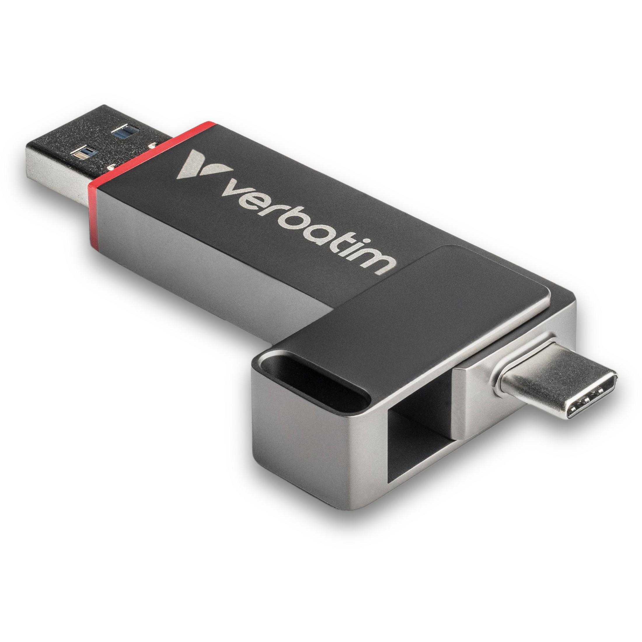 Una chiavetta USB Verbatim. È grigia e nera con un accento rosso e un connettore USB-A e USB-C.