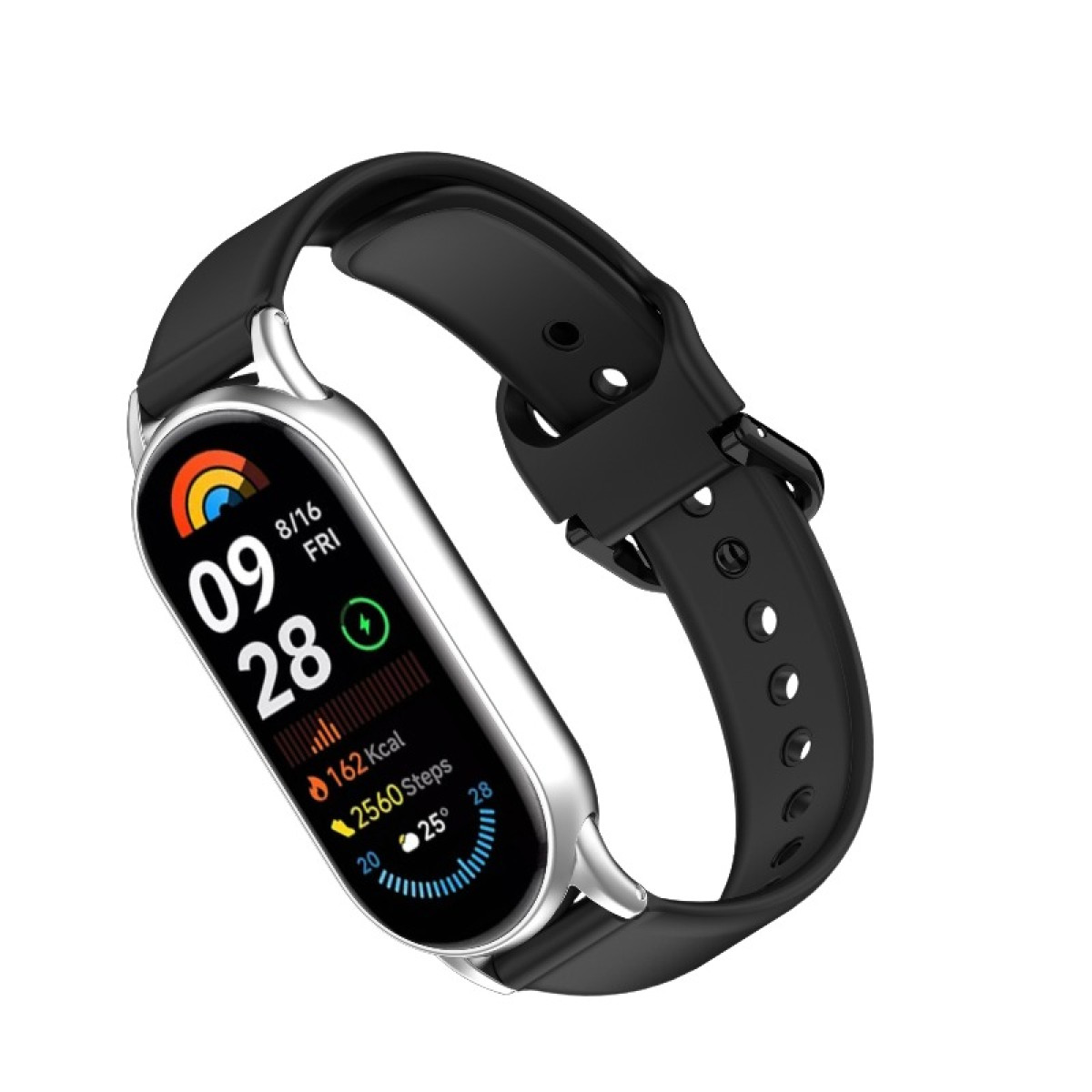 Eine schwarze Smartwatch mit silbernem Rahmen. Sie zeigt Uhrzeit, Datum, Schritte und Temperatur an. Das Armband ist schwarz.