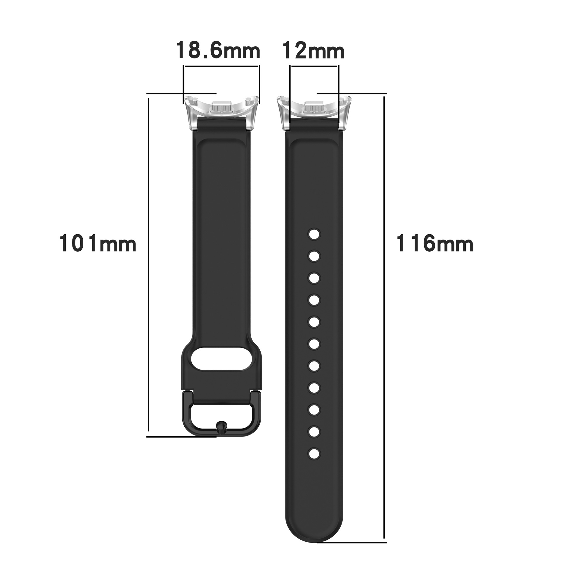 Schwarzes Uhrenarmband mit Maßangaben. Eine Seite: 101 mm lang, andere Seite: 116 mm lang. Breite an den Enden: 18,6 mm und 12 mm.