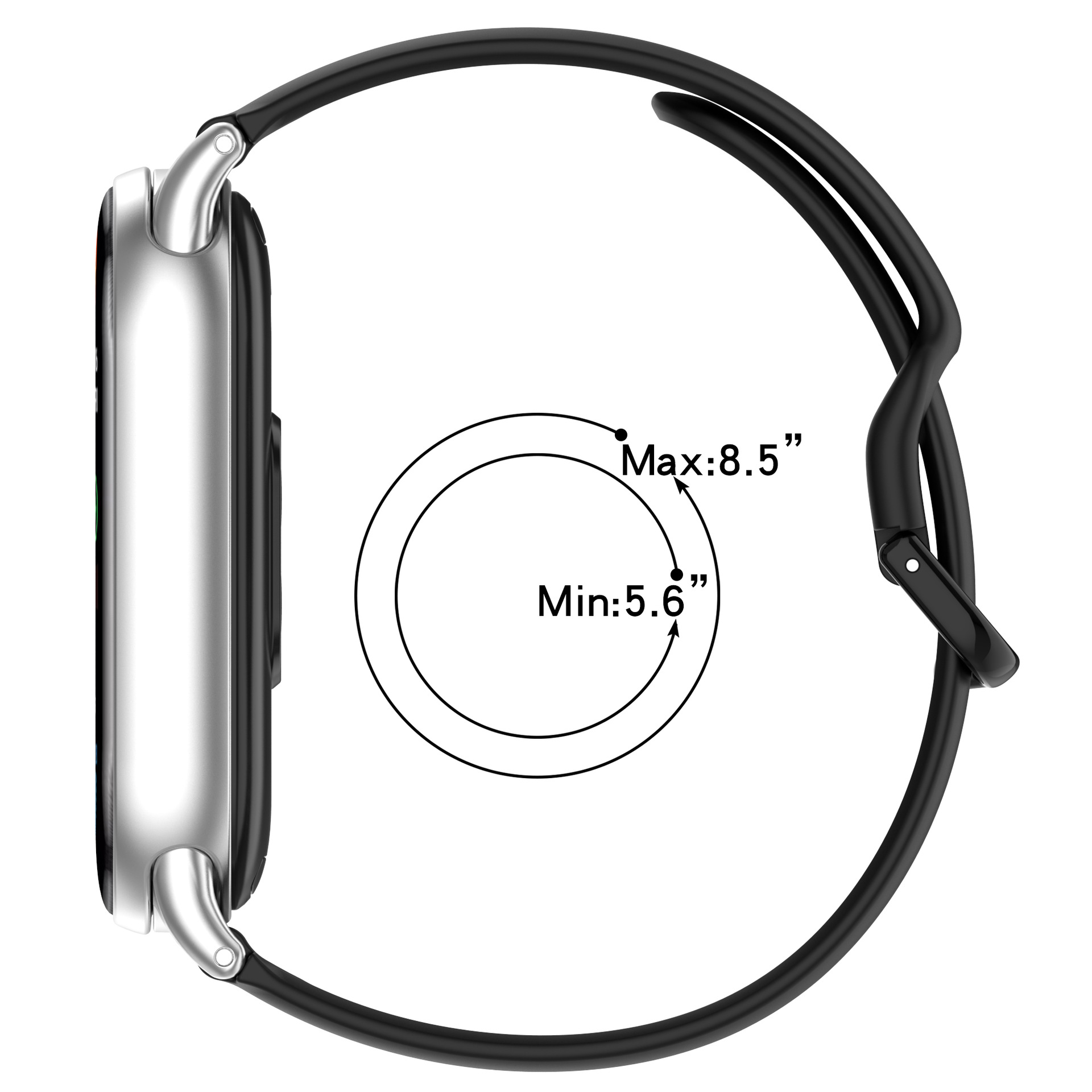 Eine silberne Smartwatch mit schwarzem Armband wird angezeigt. Ein Diagramm zeigt die Größe des Uhrenarmbands, mit maximal 8,5 Zoll und minimal 5,6 Zoll.
