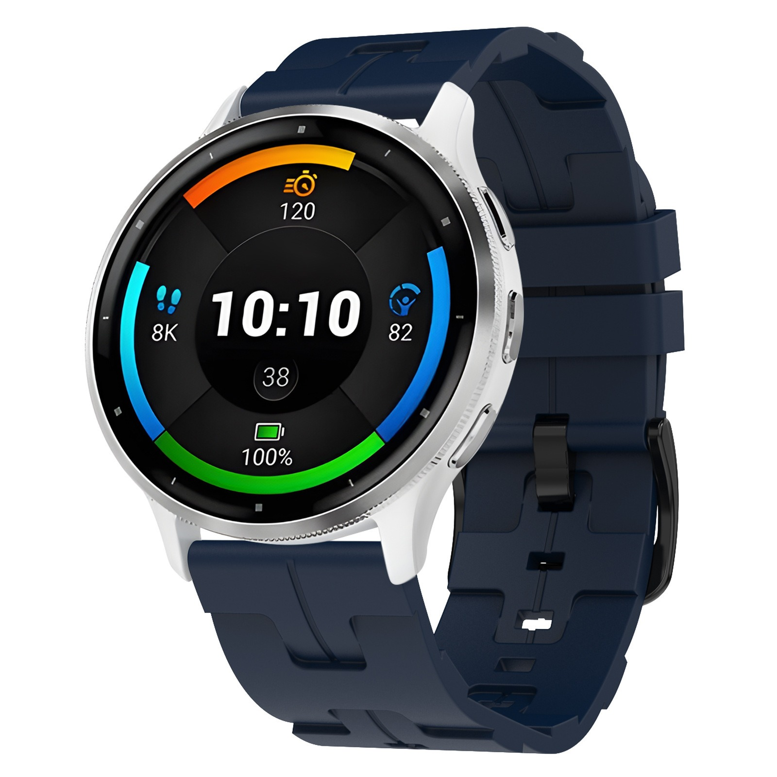 Eine Smartwatch mit blauem Armband zeigt Zeit, Aktivitätsmetriken und Akkustatus auf einem runden Bildschirm an.