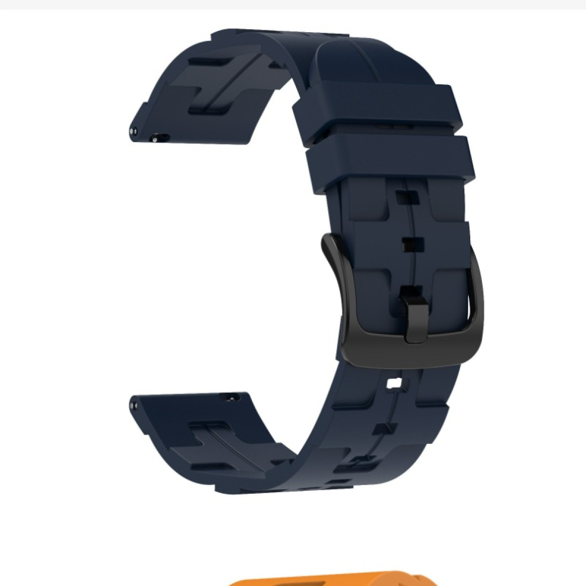 Ein marineblaues Uhrenarmband mit einer schwarzen Schnalle. Das Armband ist gebogen. Der Hintergrund ist weiß.