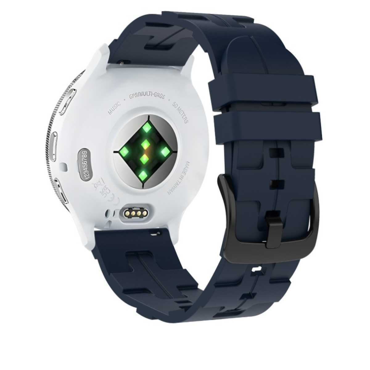 Eine weiße Smartwatch mit marineblauem Armband wird angezeigt. Die Uhr zeigt Sensoren und Beschriftungen. Das Armband hat eine schwarze Schnalle.