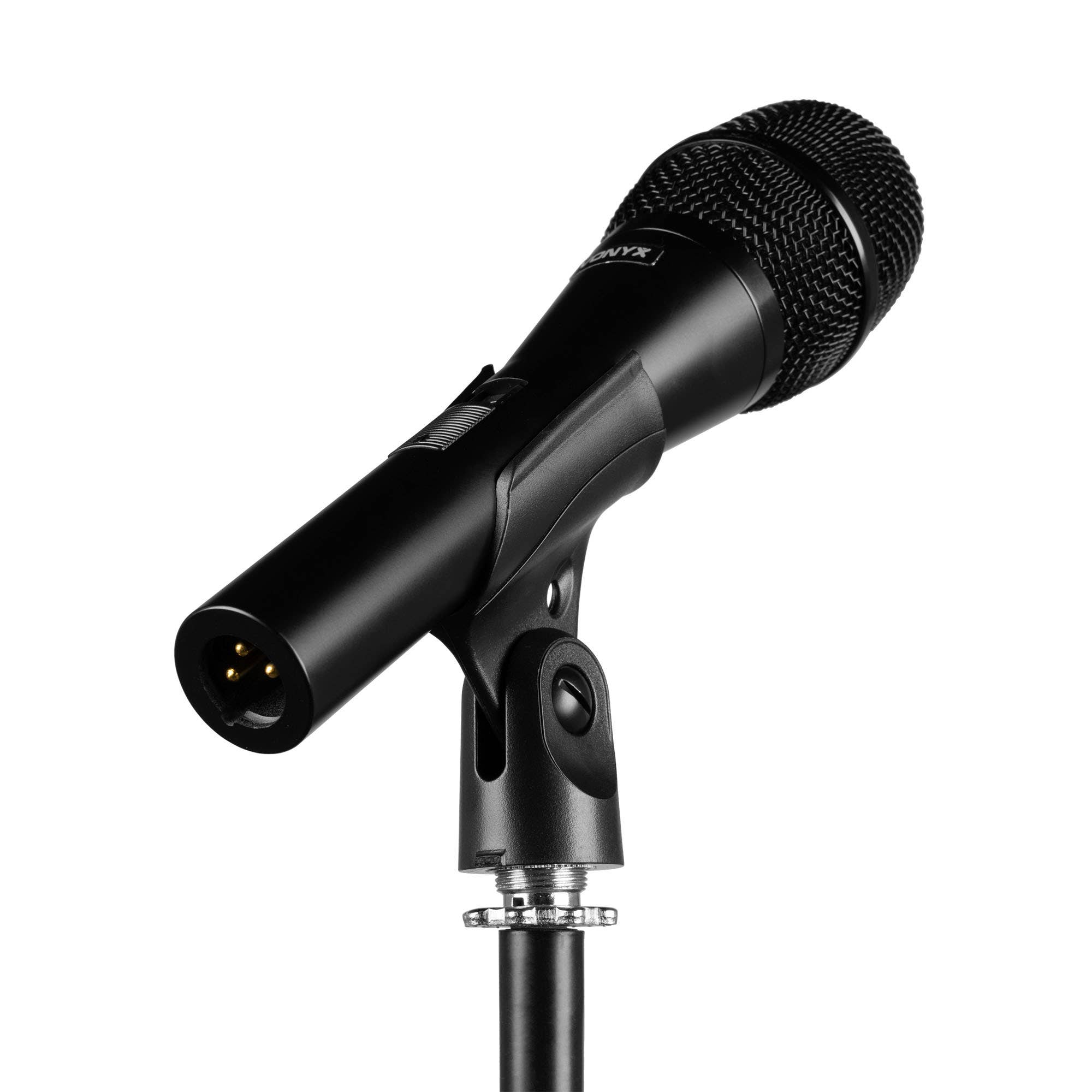 Black microphone on stand. It has a mesh head and the brand 'ONYX' is printed on it. The background is white.