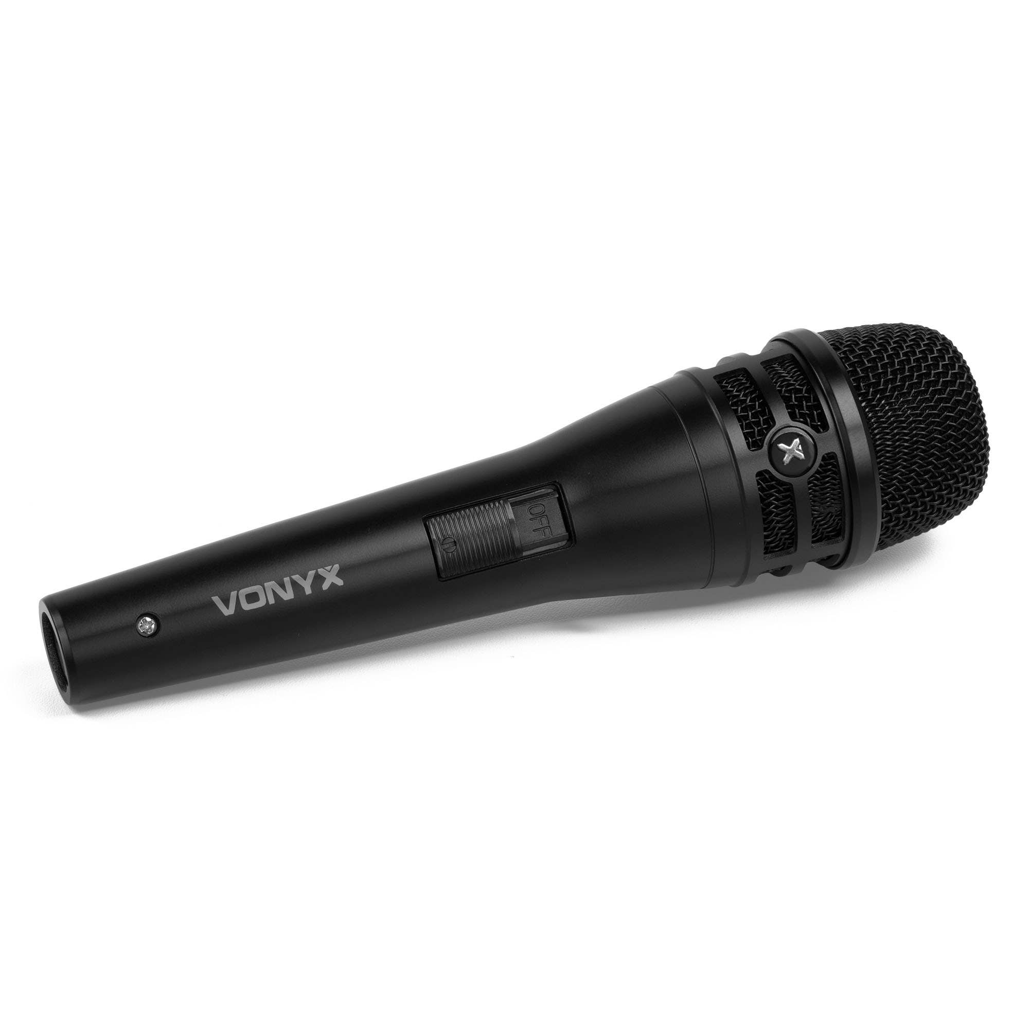 Black Vonyx microphone on white. It has a mesh head, a switch, and the brand name. The background is plain white.