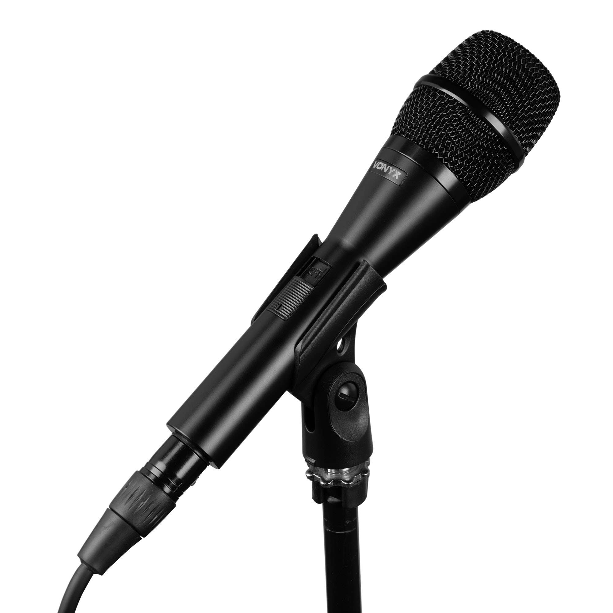 A black microphone on a black stand. The microphone is angled, with the brand VONYX visible. Isolated on white.