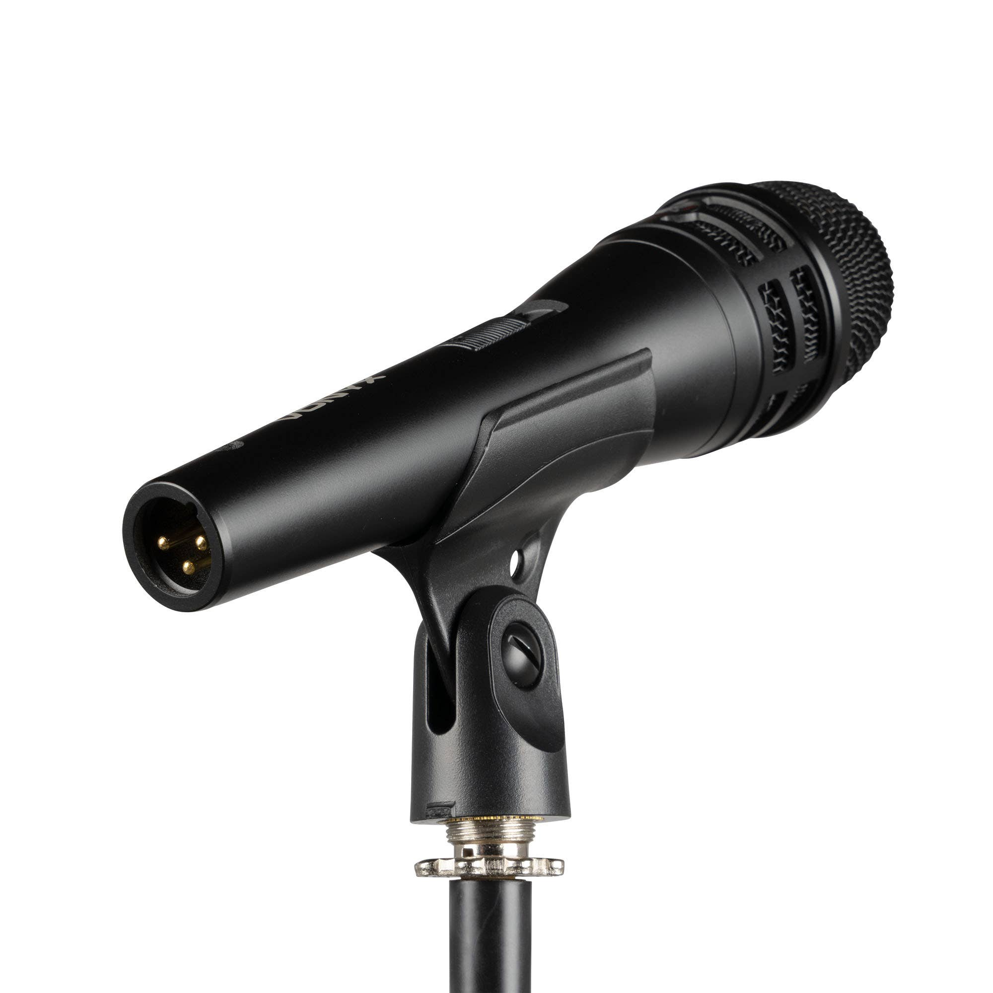 A black microphone with a mesh head is mounted on a stand. The background is plain white.