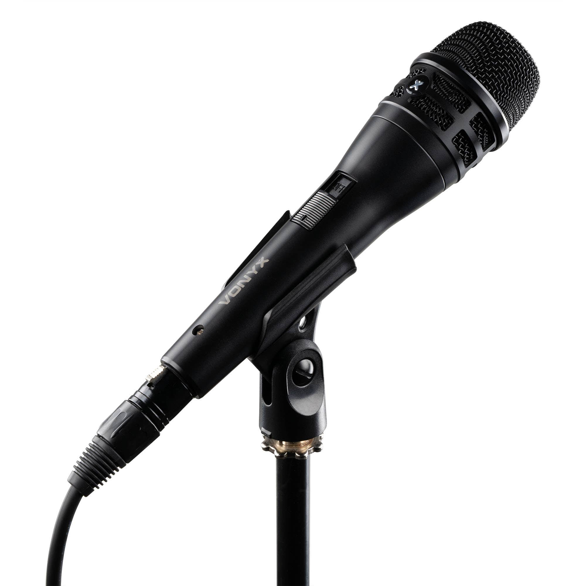 Black Vonyx microphone on a stand, isolated on white. The microphone is angled and has a mesh head. A cable is connected.