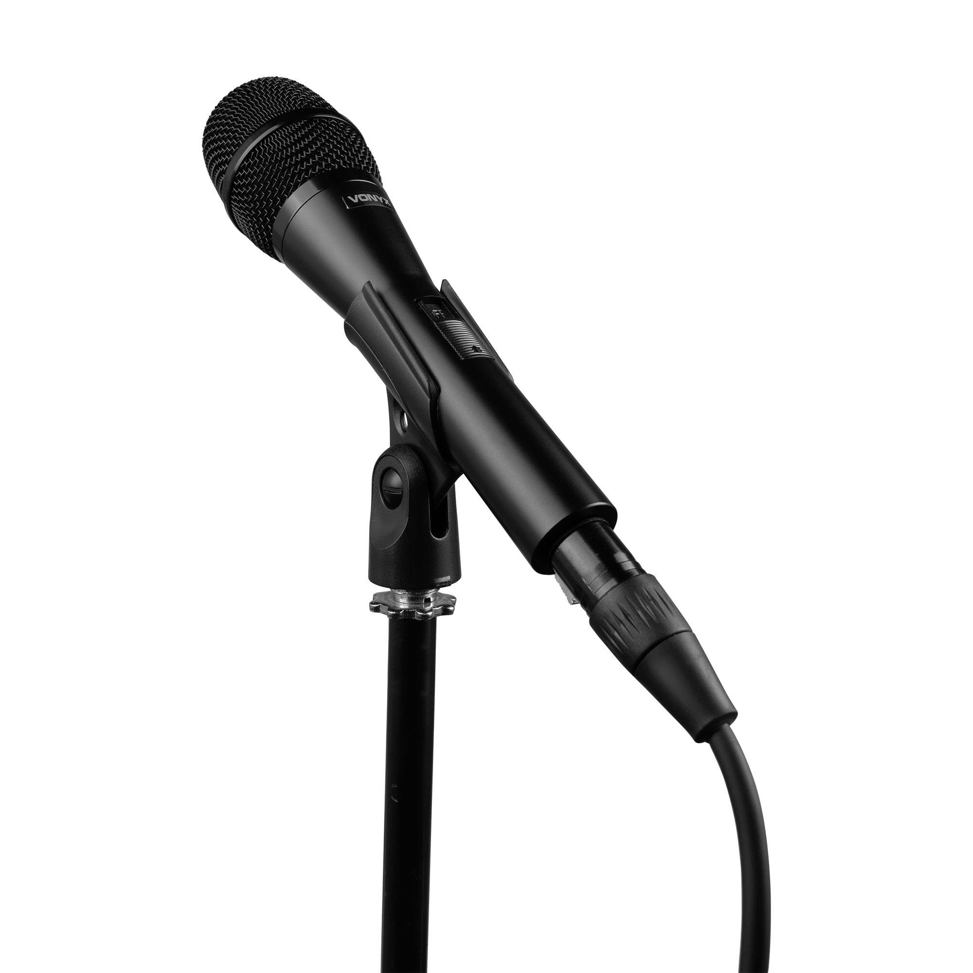 A black microphone on a stand. The microphone is angled. The background is white.