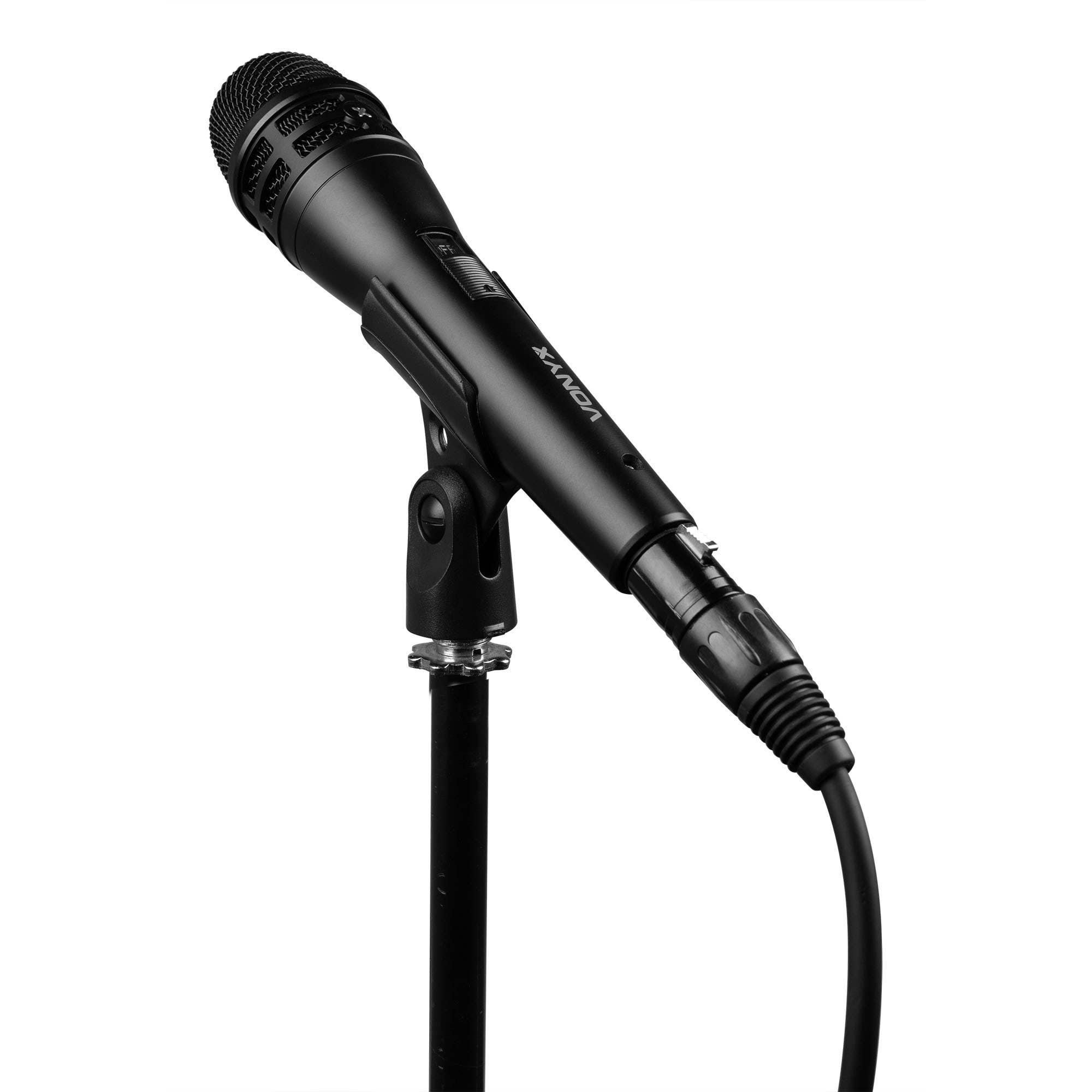 A black microphone on a stand, labeled VONYX, with a cable. Isolated on a white background.