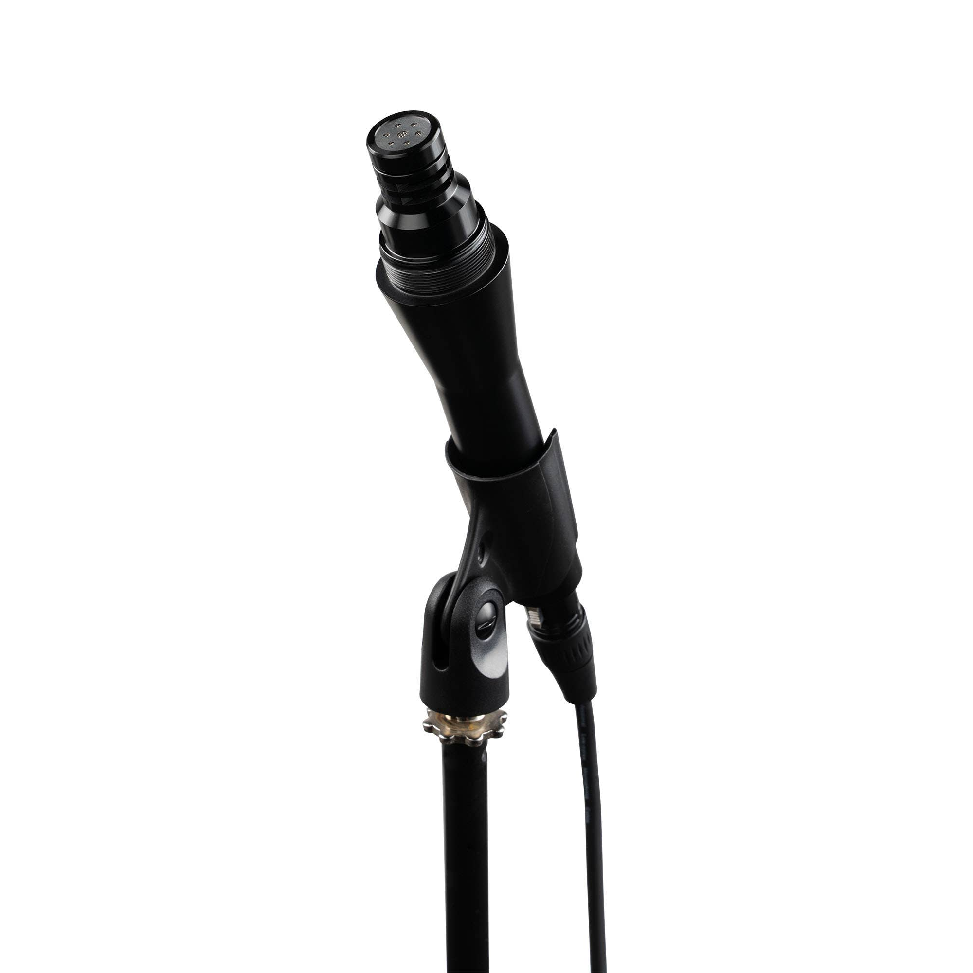 A black microphone on a stand, angled slightly. The background is white.