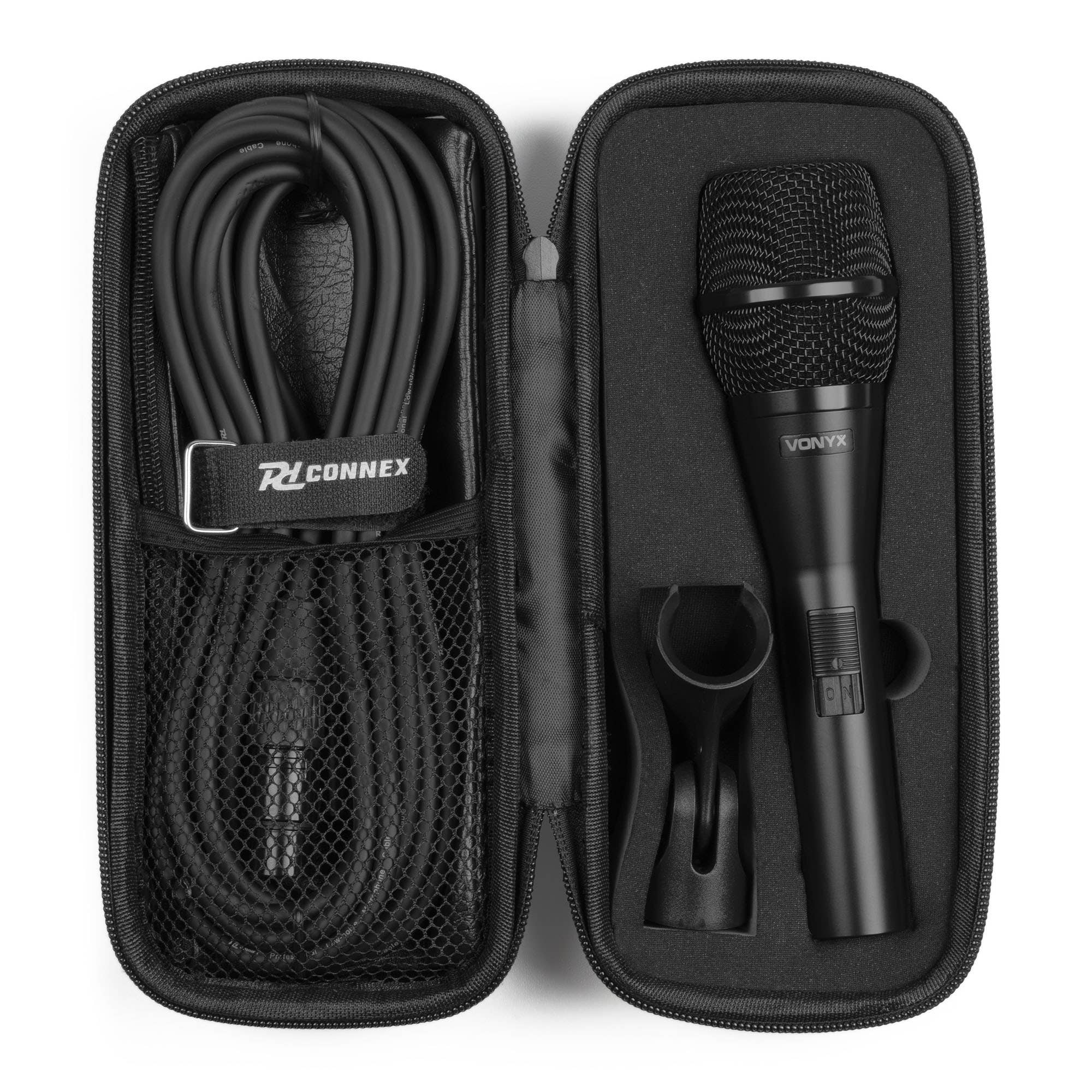 Black microphone in a case. Includes mic stand, cable, and case. The microphone is labeled Vonyx.