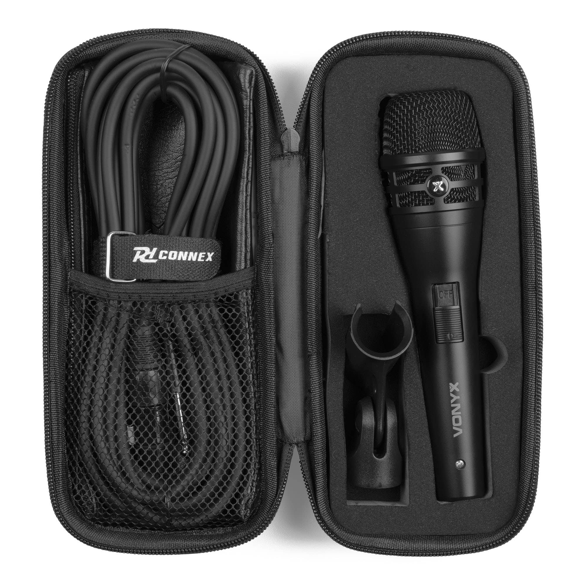 Black microphone, stand, and cable in a zipped case. Microphone has a mesh top and 'Vonyx' on the side. Cable is labeled 'RLCONNEXT'.