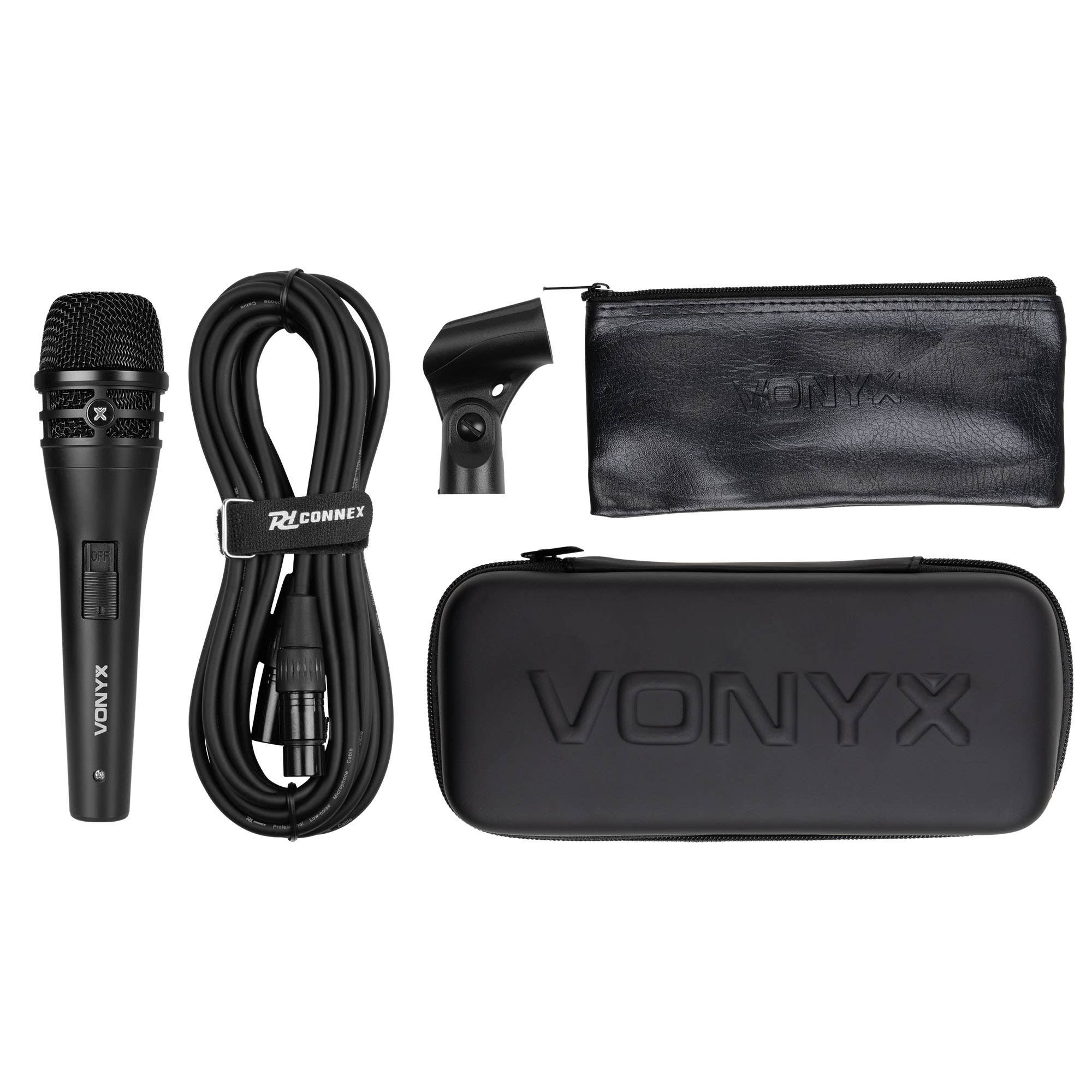 Black microphone set with cable, microphone holder, and two black cases. The brand name VONYX is visible on the microphone and cases.