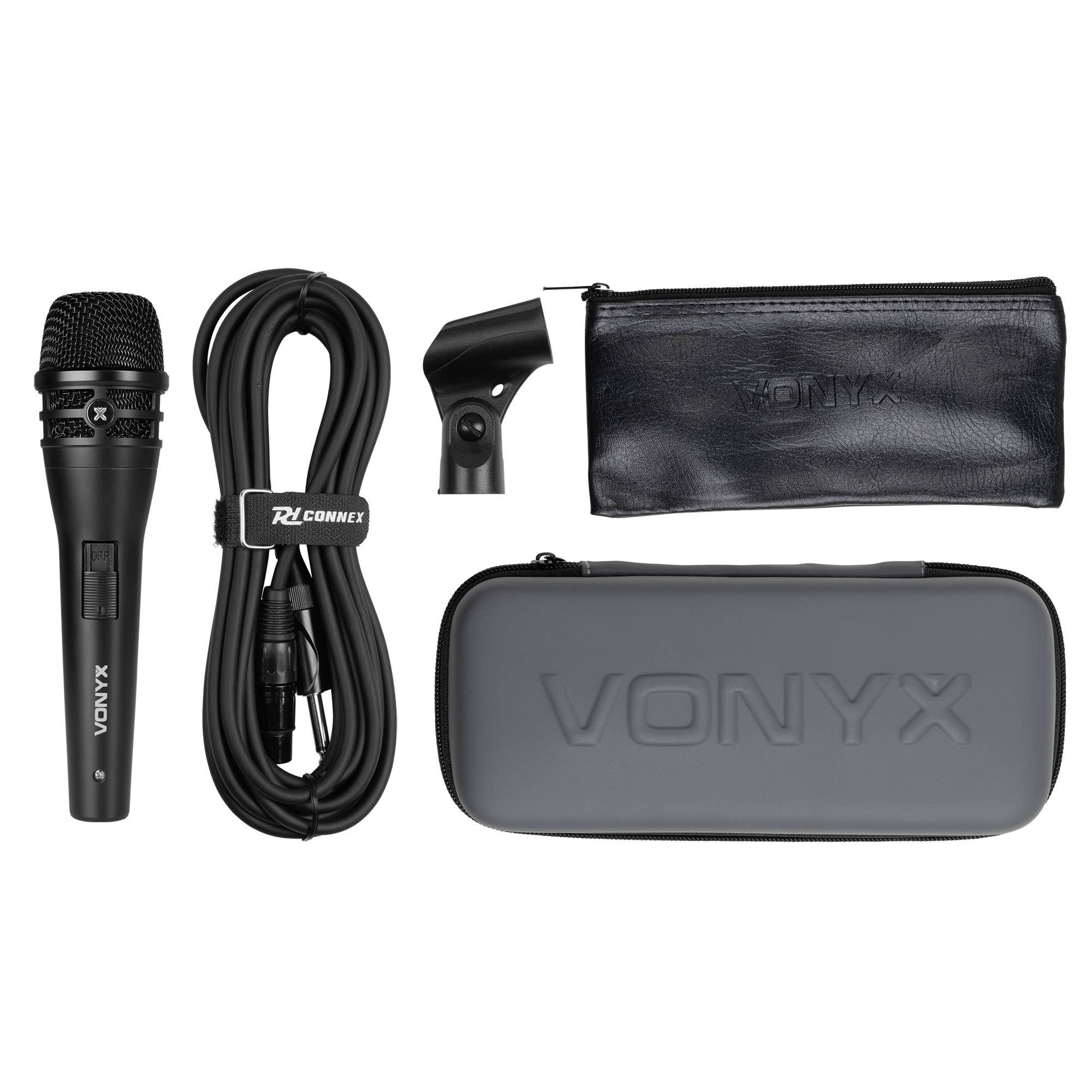 Black microphone, cable, mic stand, and cases. The microphone is on the left, cases on the right. All items are against a white background.