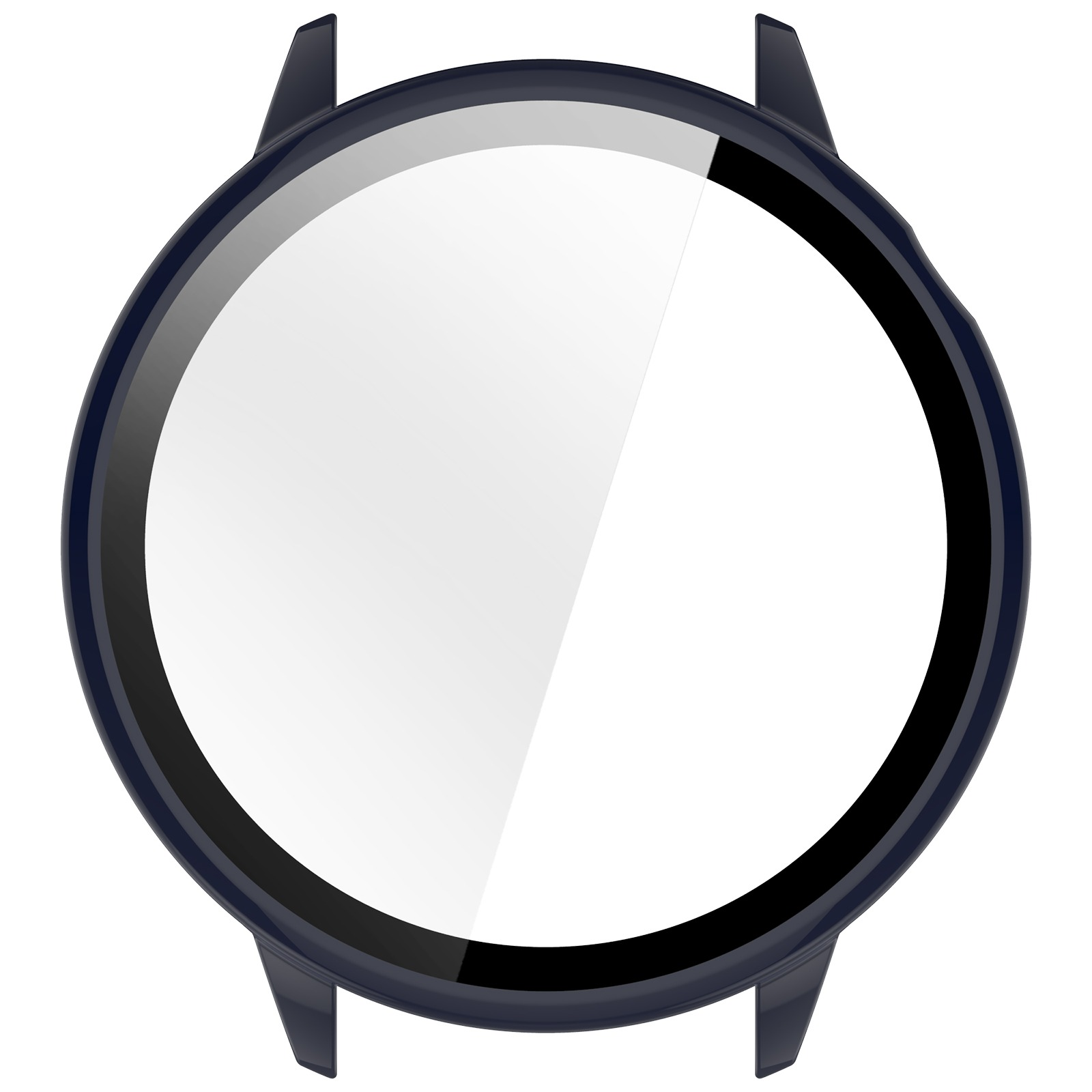 Una cornice di smartwatch blu scuro con schermo bianco riflettente. La cornice ha forma circolare, con anse per il cinturino.