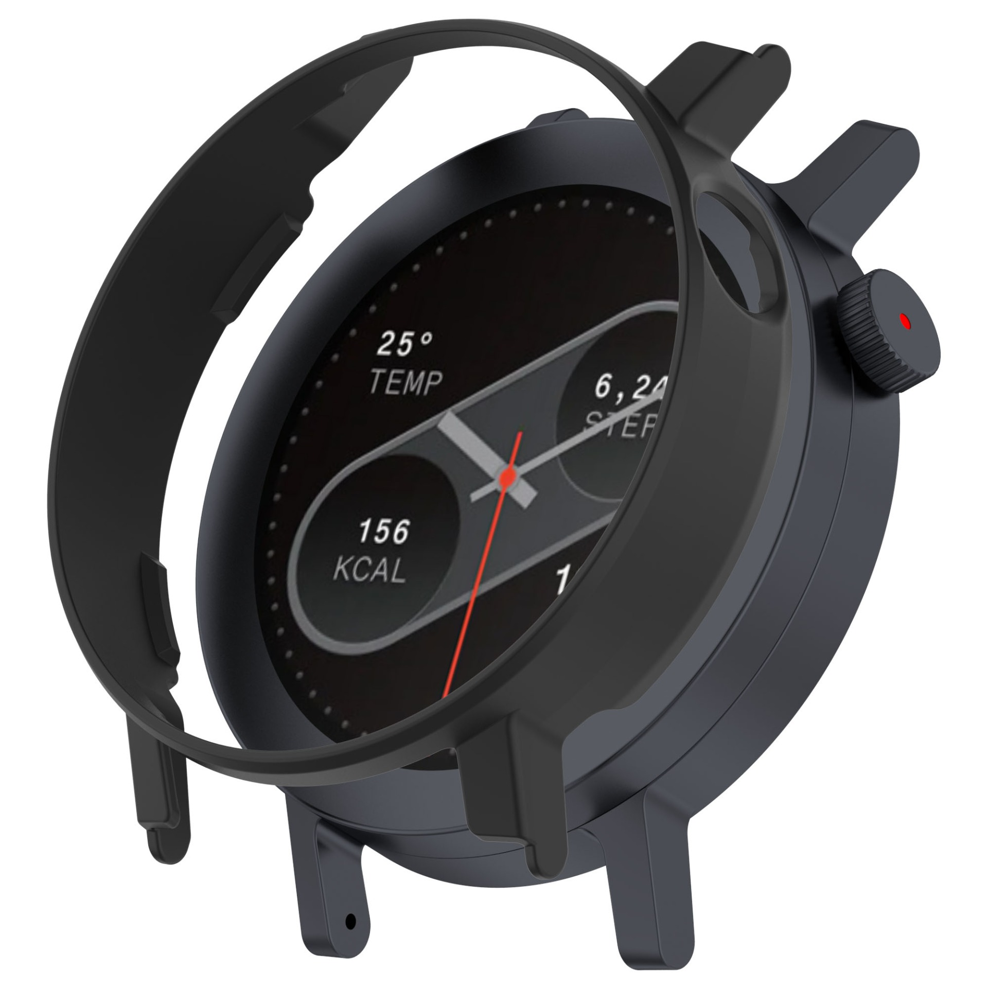 Uno smartwatch nero con display circolare. Lo schermo mostra dati, tra cui temperatura e passi. Un punto rosso è sul lato.